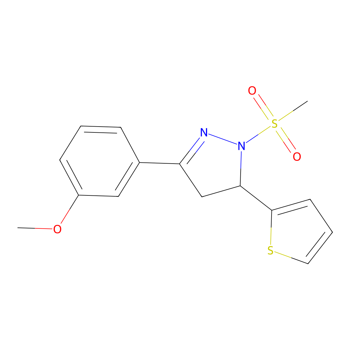 3-(3-methoxyphenyl)-1-(methylsulfonyl)-5-(thiophen-2-yl)-4,5-dihydro-1H-pyrazole molecular structure, CAS 701230-52-6