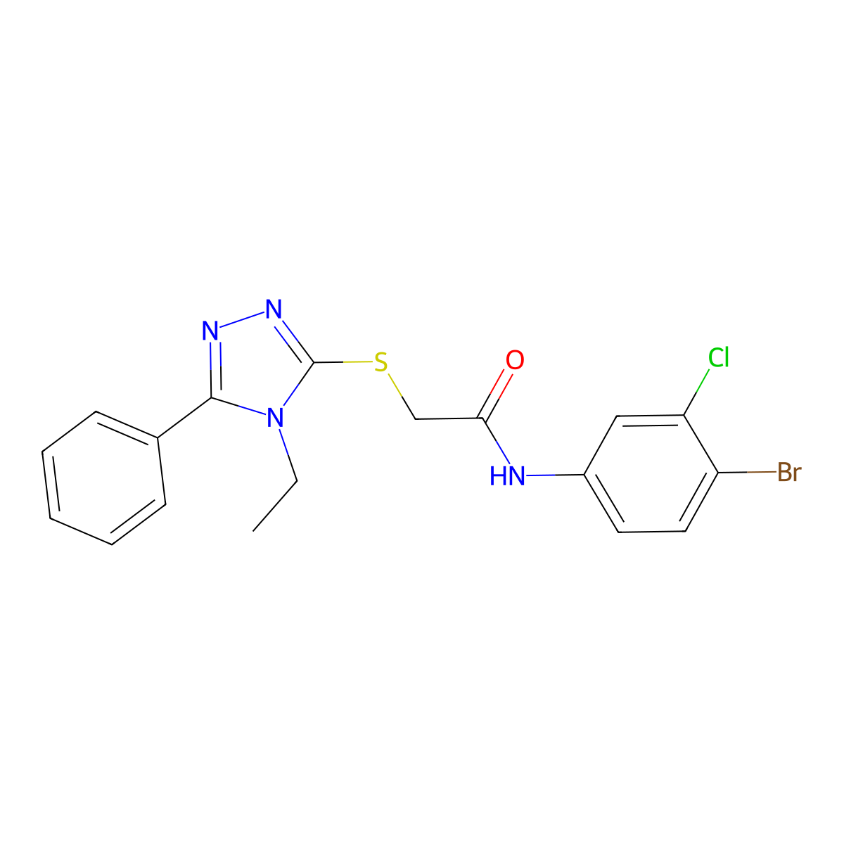 N-(4-bromo-3-chlorophenyl)-2-[(4-ethyl-5-phenyl-1,2,4-triazol-3-yl)sulfanyl]acetamide molecular structure, CAS 701231-38-1