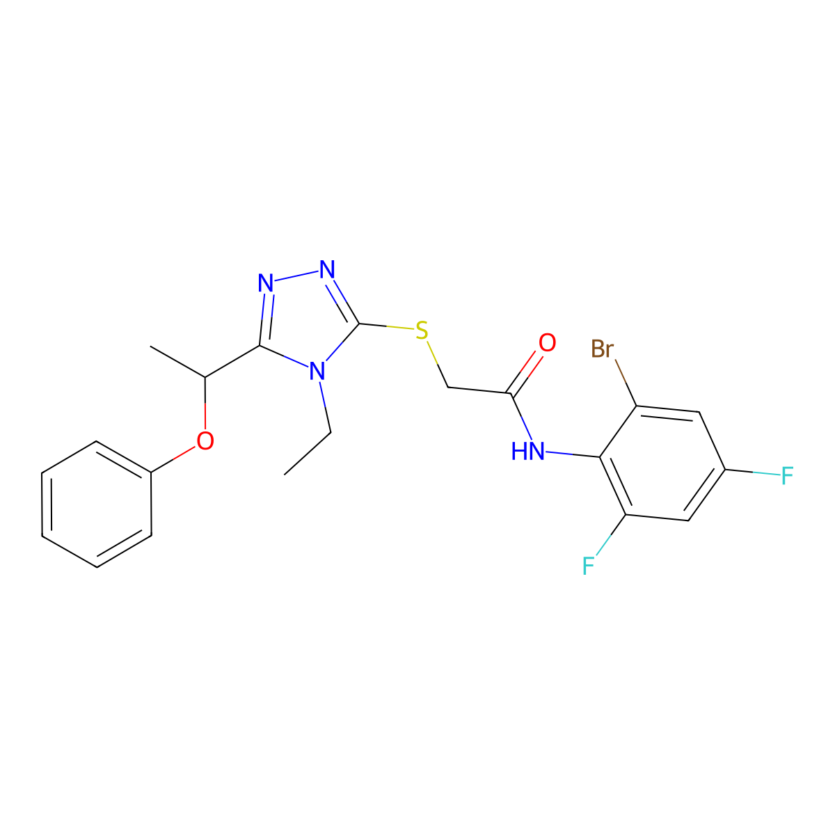 N-(2-bromo-4,6-difluorophenyl)-2-[[4-ethyl-5-(1-phenoxyethyl)-1,2,4-triazol-3-yl]sulfanyl]acetamide molecular structure, CAS 701231-59-6