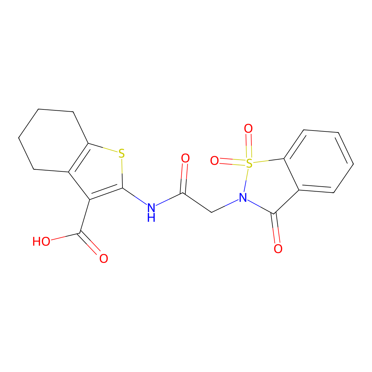 2-[[2-(1,1,3-Trioxo-1,2-benzothiazol-2-yl)acetyl]amino]-4,5,6,7-tetrahydro-1-benzothiophene-3-carboxylic acid molecular structure, CAS 701231-70-1