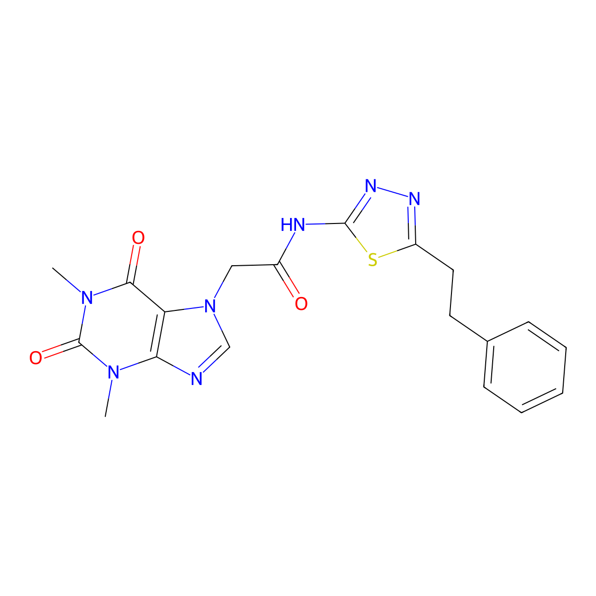 2-(1,3-dimethyl-2,6-dioxo-1,2,3,6-tetrahydro-7H-purin-7-yl)-N-[5-(2-phenylethyl)-1,3,4-thiadiazol-2-yl]acetamide molecular structure, CAS 701231-71-2