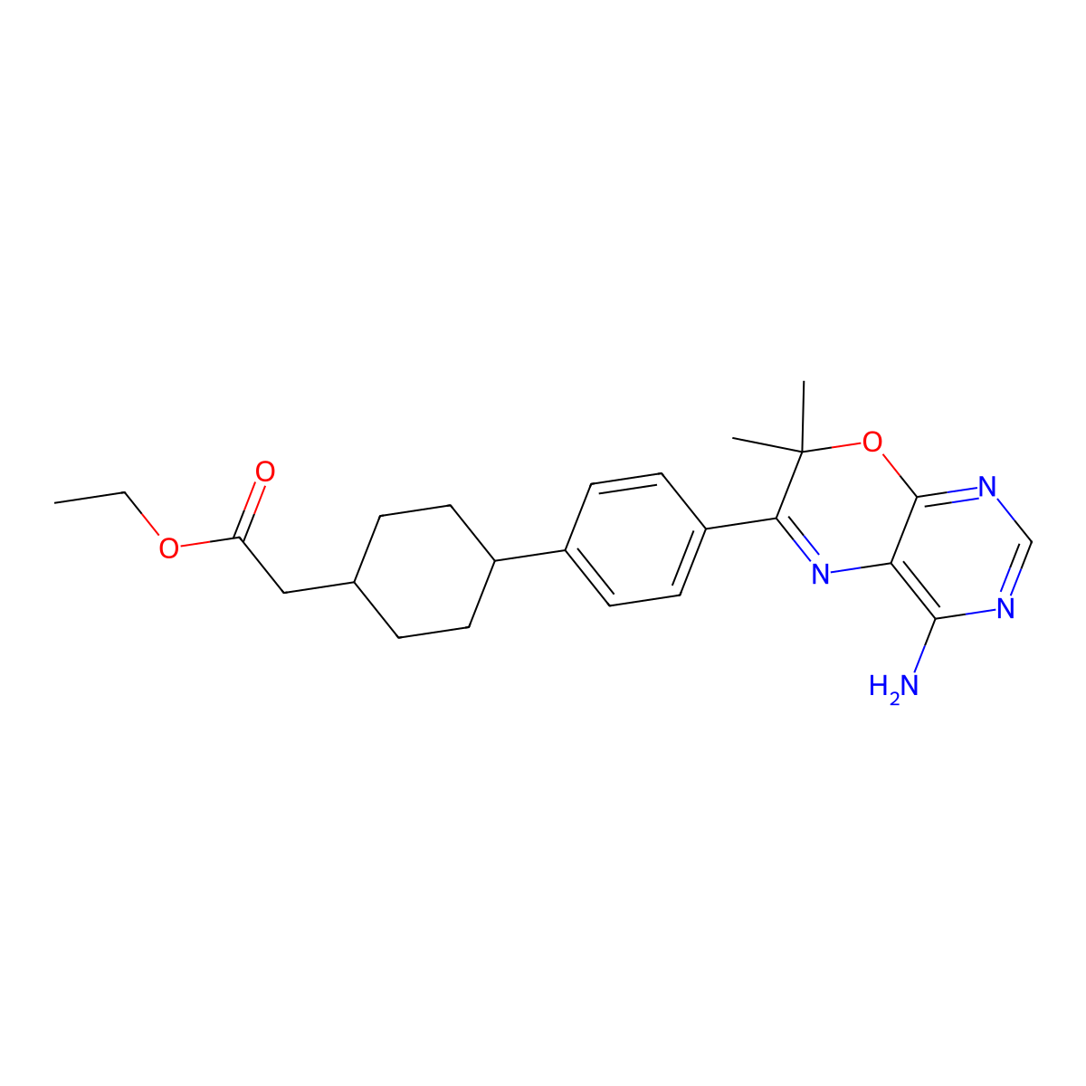 Ethyl 2-(4-(4-(4-amino-7,7-dimethyl-7H-pyrimido[4,5-b][1,4]oxazin-6-yl)phenyl)cyclohexyl)acetate molecular structure, CAS 701232-19-1