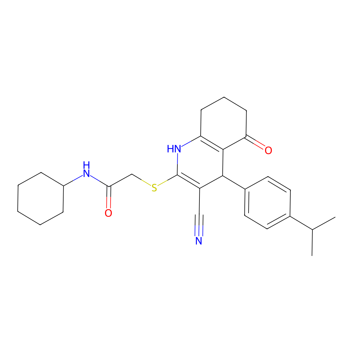 2-[[3-cyano-5-oxo-4-(4-propan-2-ylphenyl)-4,6,7,8-tetrahydro-1H-quinolin-2-yl]sulfanyl]-N-cyclohexylacetamide molecular structure, CAS 701238-00-8