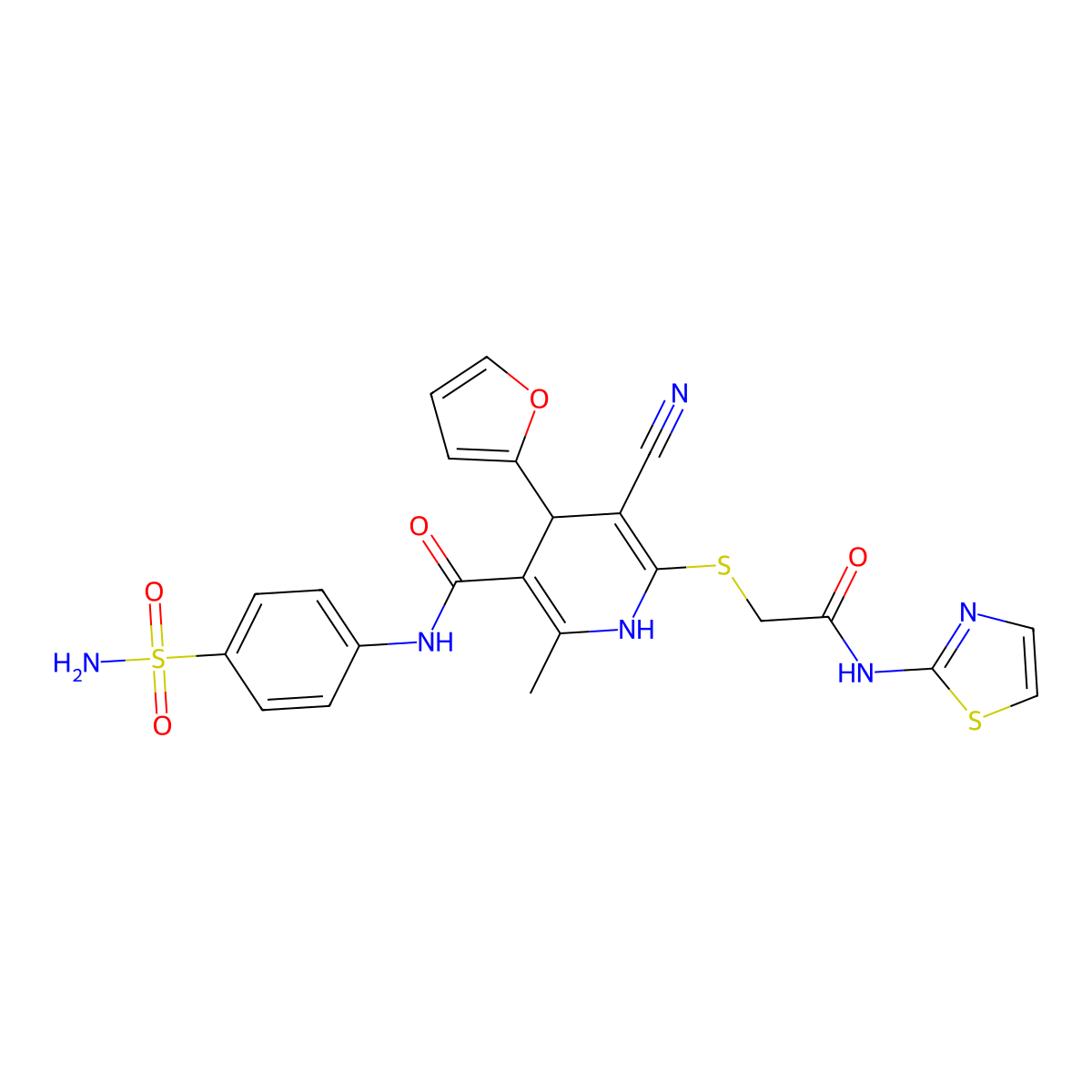 5-cyano-4-(furan-2-yl)-2-methyl-6-[2-oxo-2-(1,3-thiazol-2-ylamino)ethyl]sulfanyl-N-(4-sulfamoylphenyl)-1,4-dihydropyridine-3-carboxamide molecular structure, CAS 701238-08-6
