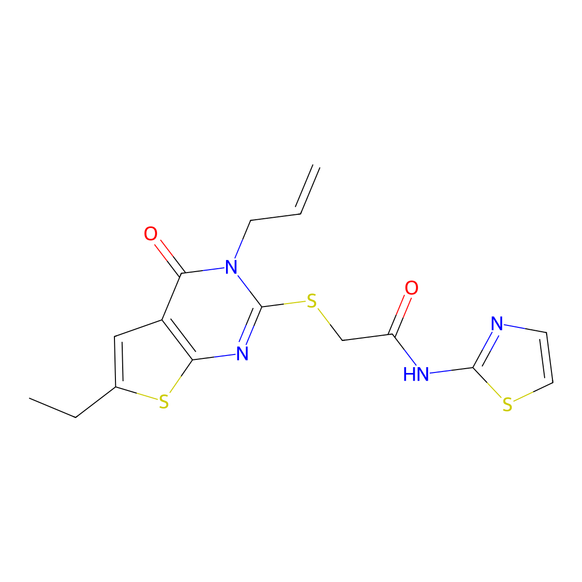 2-(6-ethyl-4-oxo-3-prop-2-enylthieno[2,3-d]pyrimidin-2-yl)sulfanyl-N-(1,3-thiazol-2-yl)acetamide molecular structure, CAS 701238-38-2