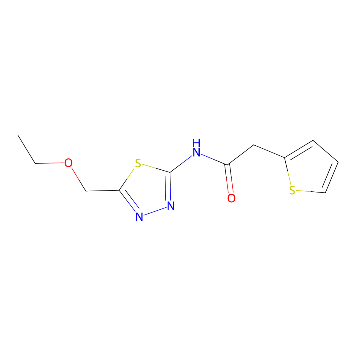 N-[5-(ethoxymethyl)-1,3,4-thiadiazol-2-yl]-2-thiophen-2-ylacetamide molecular structure, CAS 701238-45-1