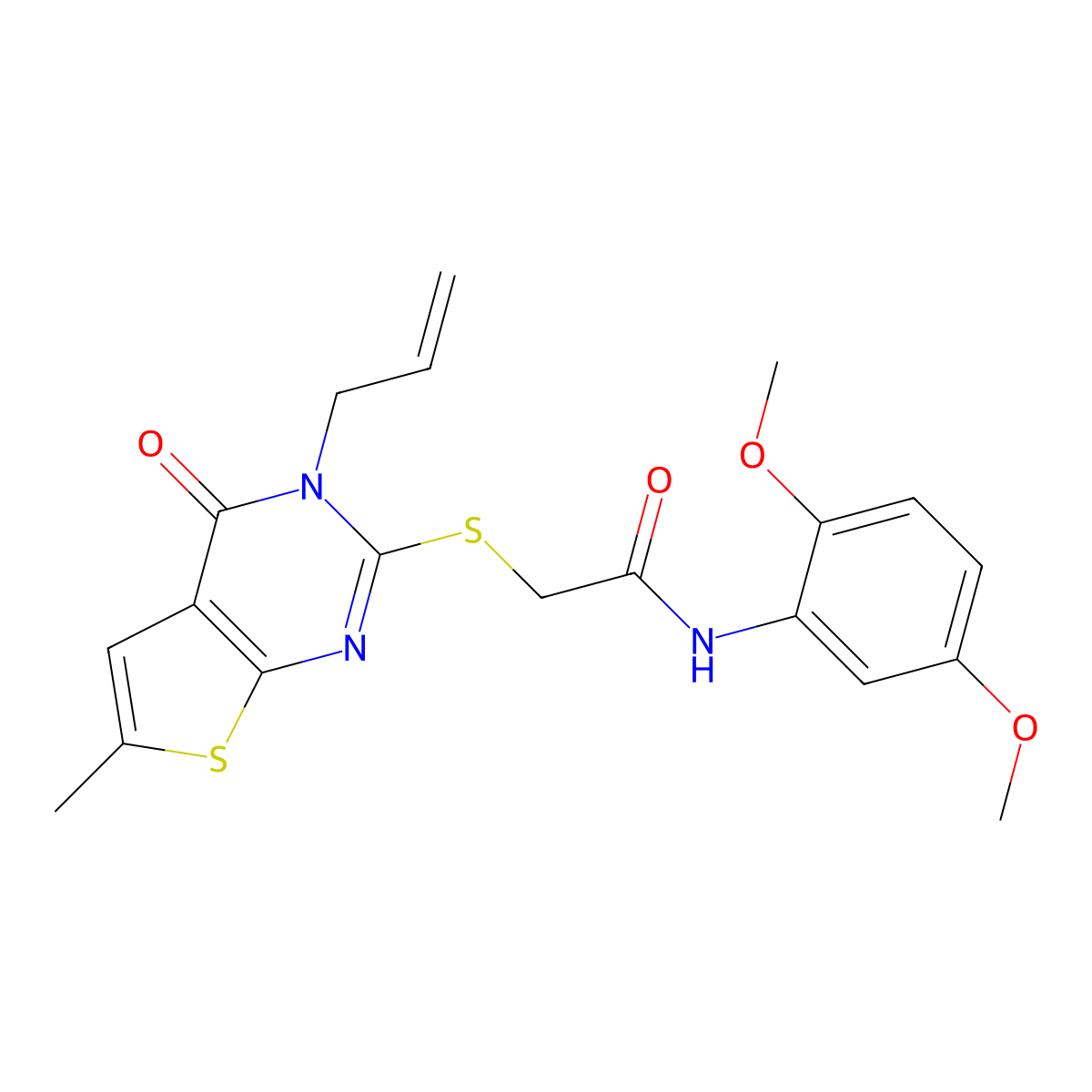 N-(2,5-dimethoxyphenyl)-2-(6-methyl-4-oxo-3-prop-2-enylthieno[2,3-d]pyrimidin-2-yl)sulfanylacetamide molecular structure, CAS 701238-47-3