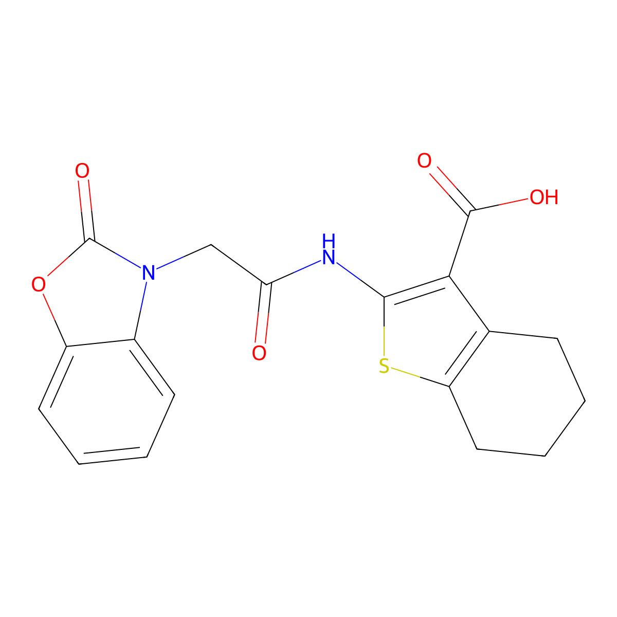 2-{[(2-oxo-1,3-benzoxazol-3(2H)-yl)acetyl]amino}-4,5,6,7-tetrahydro-1-benzothiophene-3-carboxylic acid molecular structure, CAS 701238-57-5