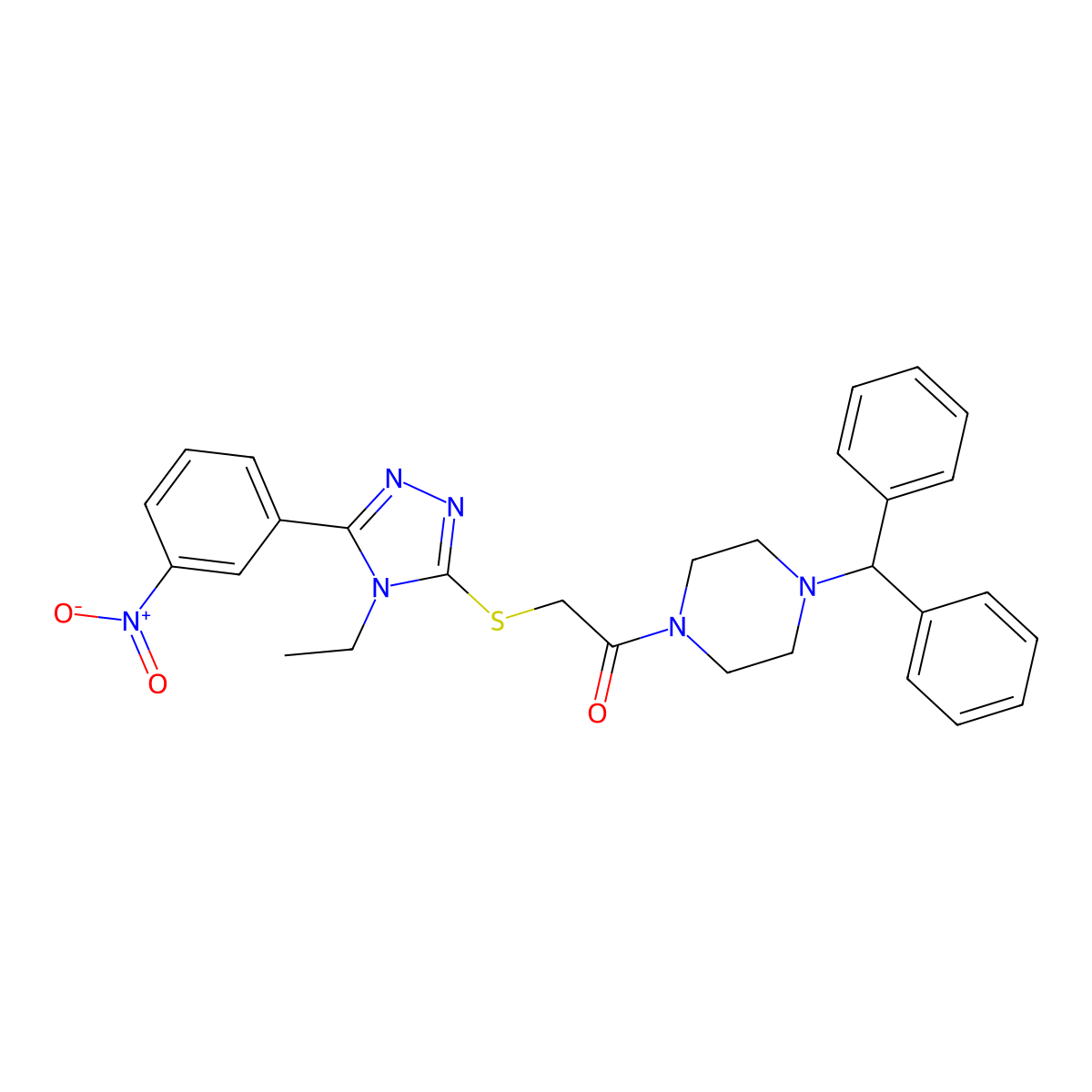 1-(4-Benzhydrylpiperazin-1-yl)-2-[[4-ethyl-5-(3-nitrophenyl)-1,2,4-triazol-3-yl]sulfanyl]ethanone molecular structure, CAS 701238-63-3