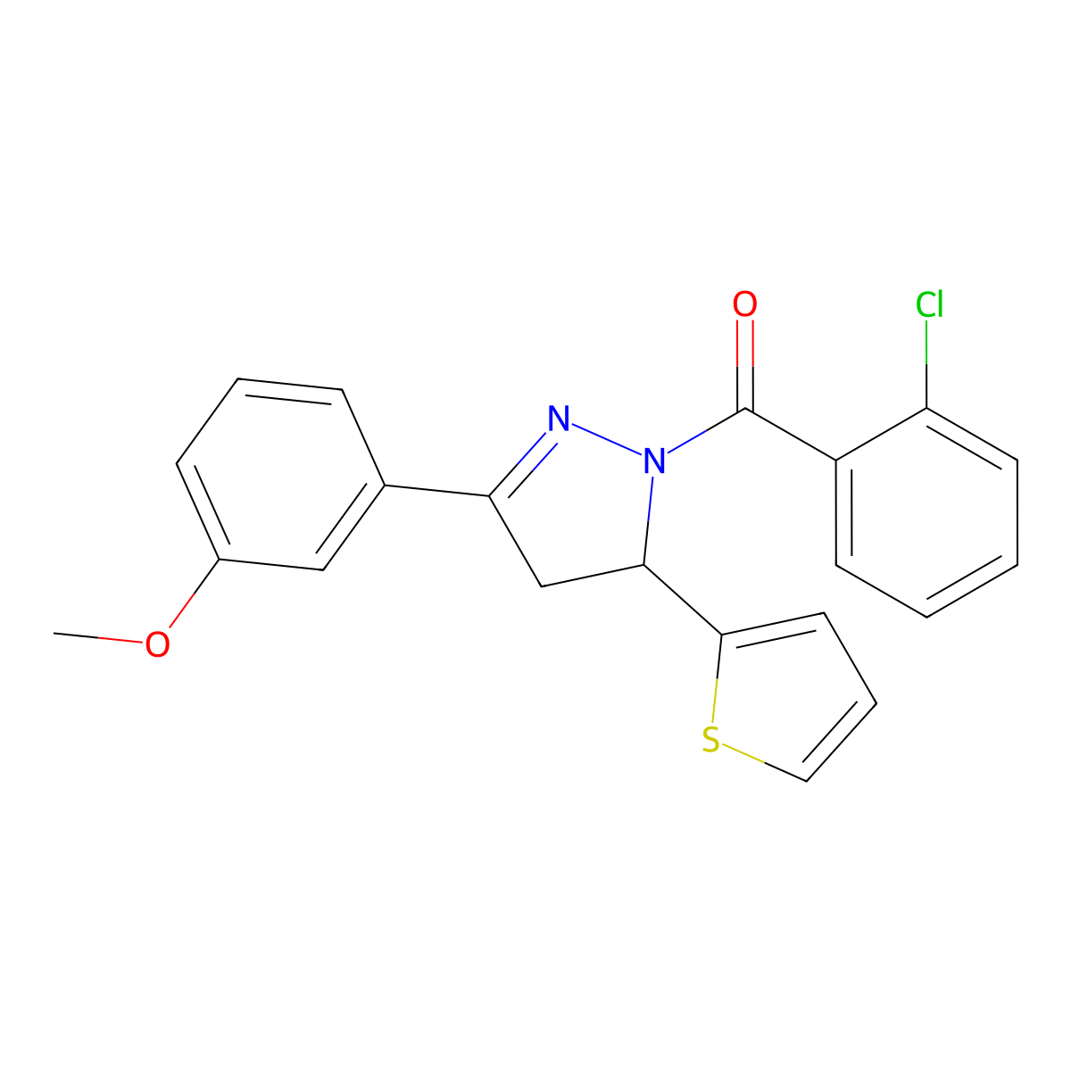 (2-Chlorophenyl)-[5-(3-methoxyphenyl)-3-thiophen-2-yl-3,4-dihydropyrazol-2-yl]methanone molecular structure, CAS 701239-88-5