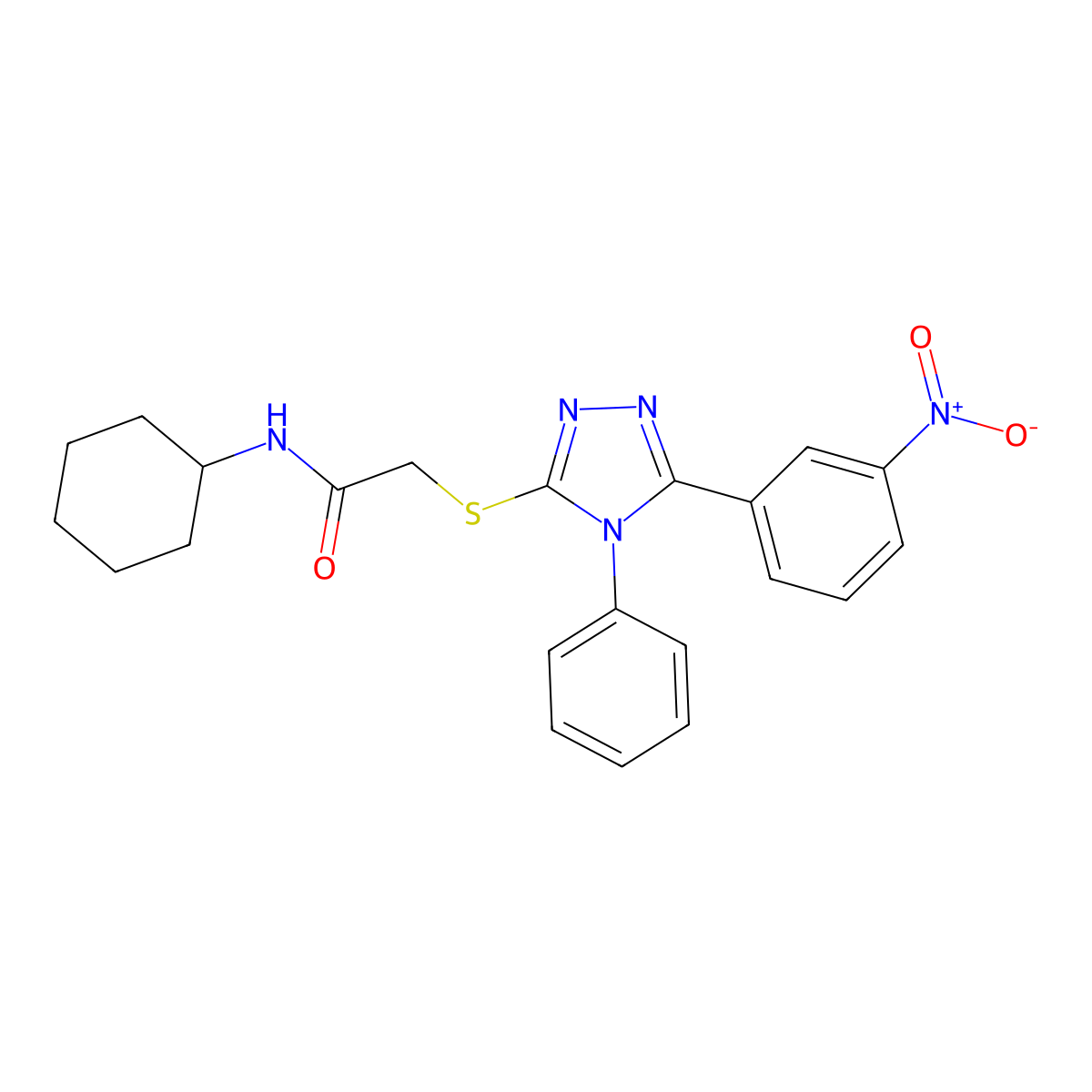 N-cyclohexyl-2-[[5-(3-nitrophenyl)-4-phenyl-1,2,4-triazol-3-yl]sulfanyl]acetamide molecular structure, CAS 701240-35-9