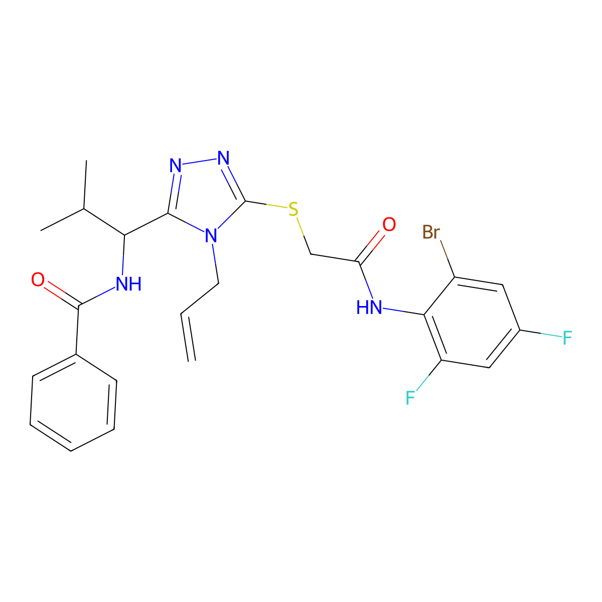 N-[1-[5-[2-(2-bromo-4,6-difluoroanilino)-2-oxoethyl]sulfanyl-4-prop-2-enyl-1,2,4-triazol-3-yl]-2-methylpropyl]benzamide molecular structure, CAS 701240-40-6