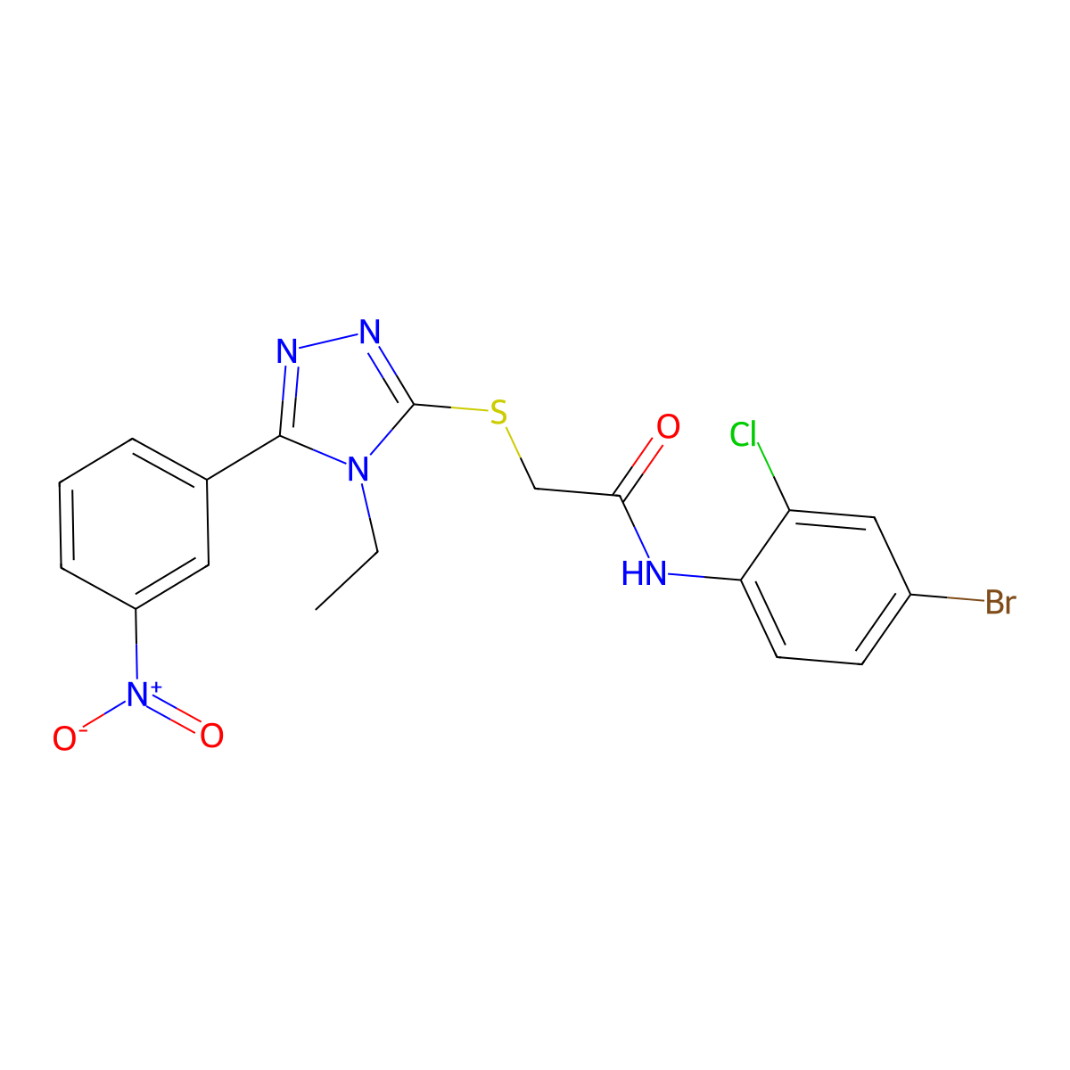 N-(4-bromo-2-chlorophenyl)-2-[[4-ethyl-5-(3-nitrophenyl)-1,2,4-triazol-3-yl]sulfanyl]acetamide molecular structure, CAS 701240-66-6