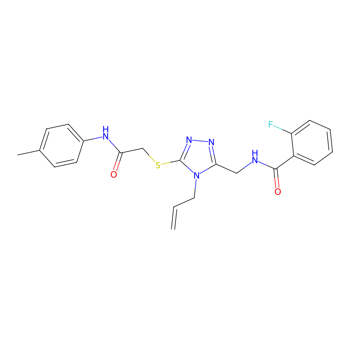 2-fluoro-N-[[5-[2-(4-methylanilino)-2-oxoethyl]sulfanyl-4-prop-2-enyl-1,2,4-triazol-3-yl]methyl]benzamide molecular structure, CAS 701241-29-4