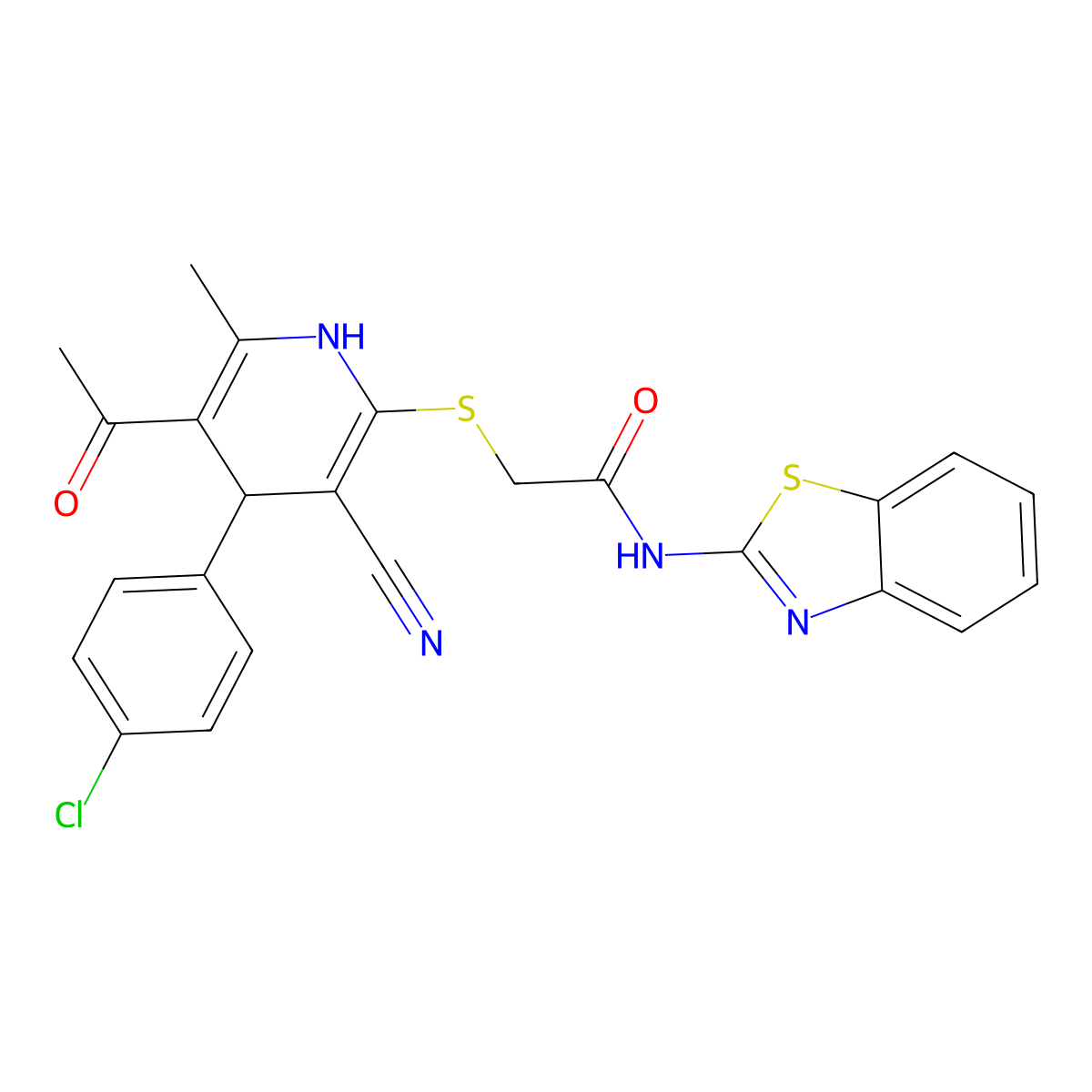 2-{[5-acetyl-4-(4-chlorophenyl)-3-cyano-6-methyl-1,4-dihydro-2-pyridinyl]thio}-N-1,3-benzothiazol-2-ylacetamide molecular structure, CAS 701241-82-9