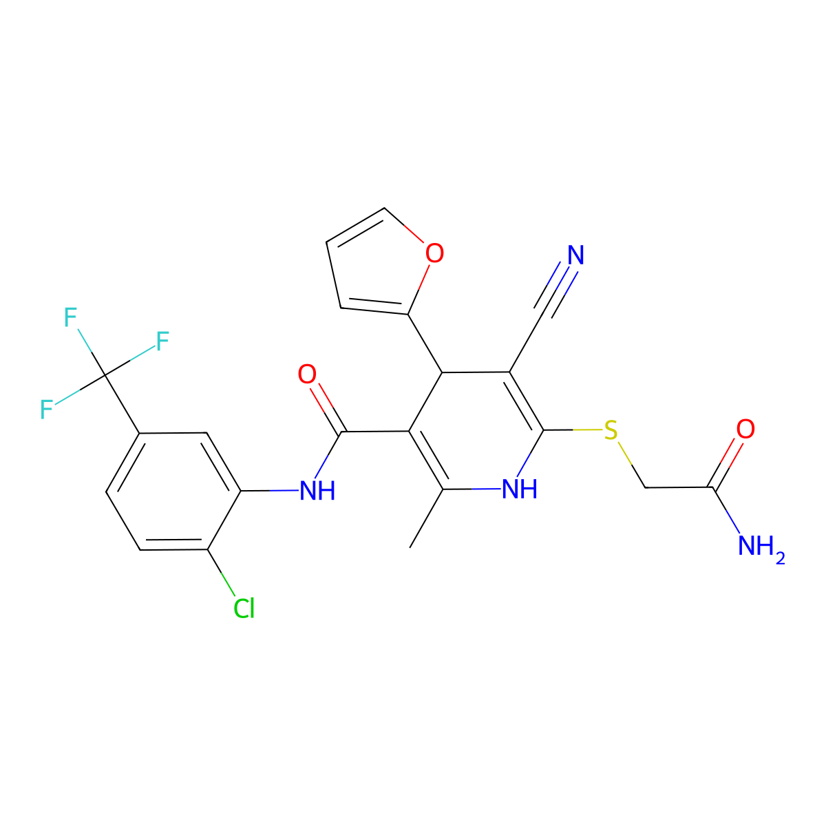 6-(2-amino-2-oxoethyl)sulfanyl-N-[2-chloro-5-(trifluoromethyl)phenyl]-5-cyano-4-(furan-2-yl)-2-methyl-1,4-dihydropyridine-3-carboxamide molecular structure, CAS 701242-14-0