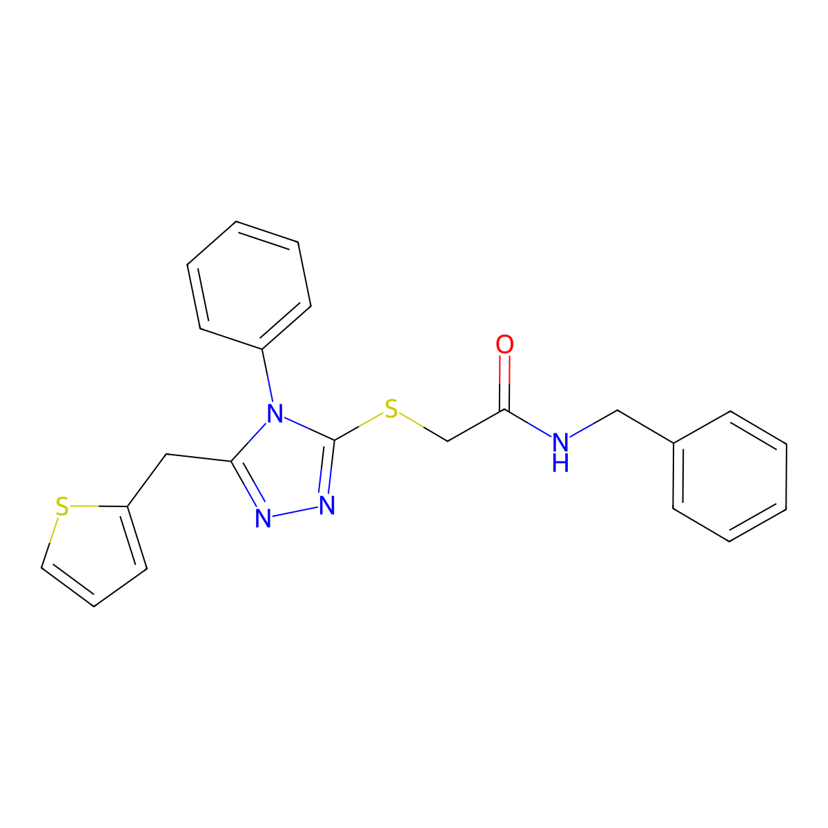 N-benzyl-2-[[4-phenyl-5-(thiophen-2-ylmethyl)-1,2,4-triazol-3-yl]sulfanyl]acetamide molecular structure, CAS 701244-47-5