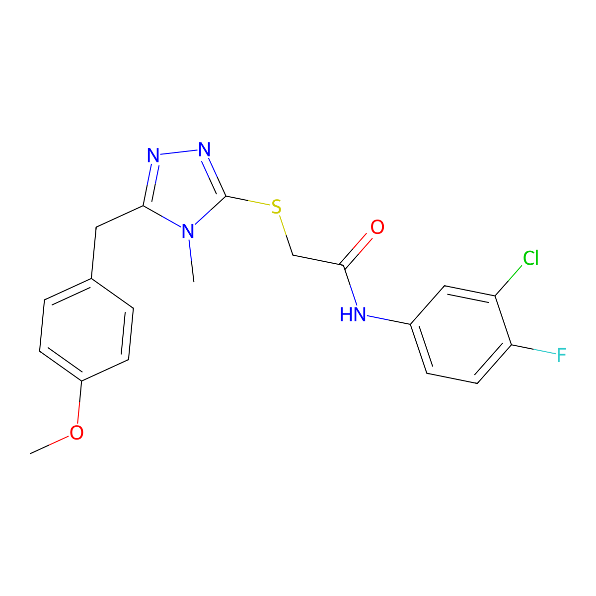 N-(3-chloro-4-fluorophenyl)-2-[[5-[(4-methoxyphenyl)methyl]-4-methyl-1,2,4-triazol-3-yl]sulfanyl]acetamide molecular structure, CAS 701244-79-3