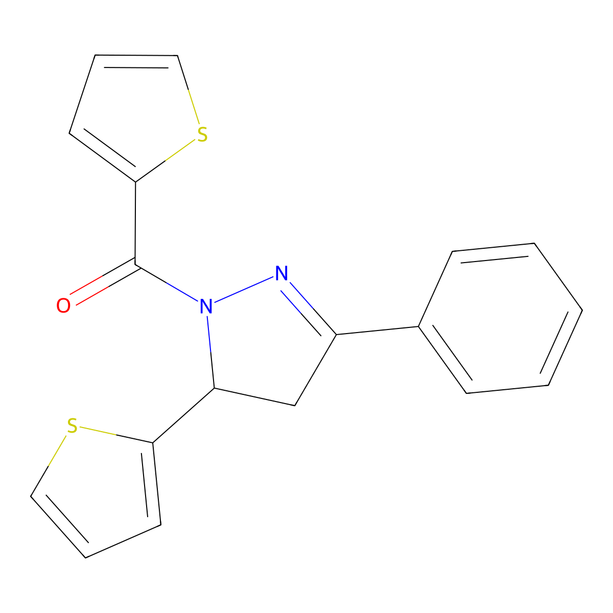 (3-phenyl-5-(thiophen-2-yl)-4,5-dihydro-1H-pyrazol-1-yl)(thiophen-2-yl)methanone molecular structure, CAS 701244-85-1