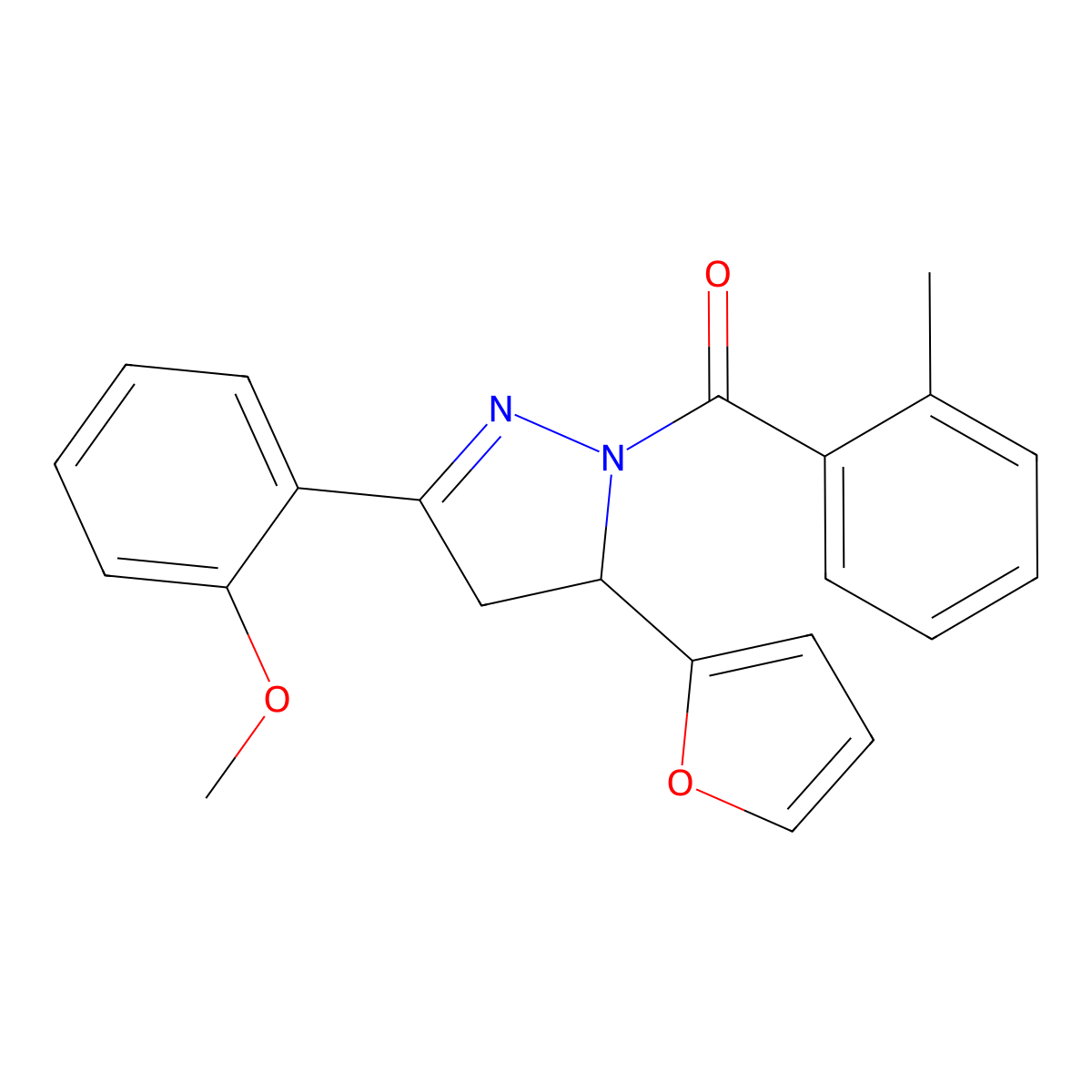 (5-(furan-2-yl)-3-(2-methoxyphenyl)-4,5-dihydro-1H-pyrazol-1-yl)(o-tolyl)methanone molecular structure, CAS 701245-25-2