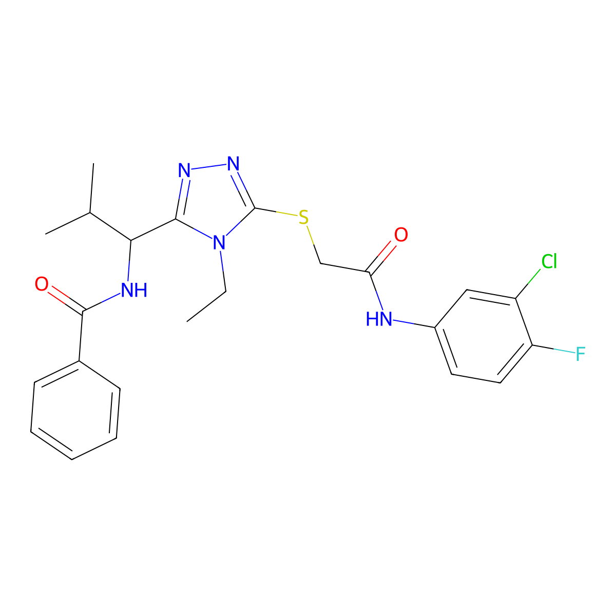 N-[1-[5-[2-(3-chloro-4-fluoroanilino)-2-oxoethyl]sulfanyl-4-ethyl-1,2,4-triazol-3-yl]-2-methylpropyl]benzamide molecular structure, CAS 701246-16-4