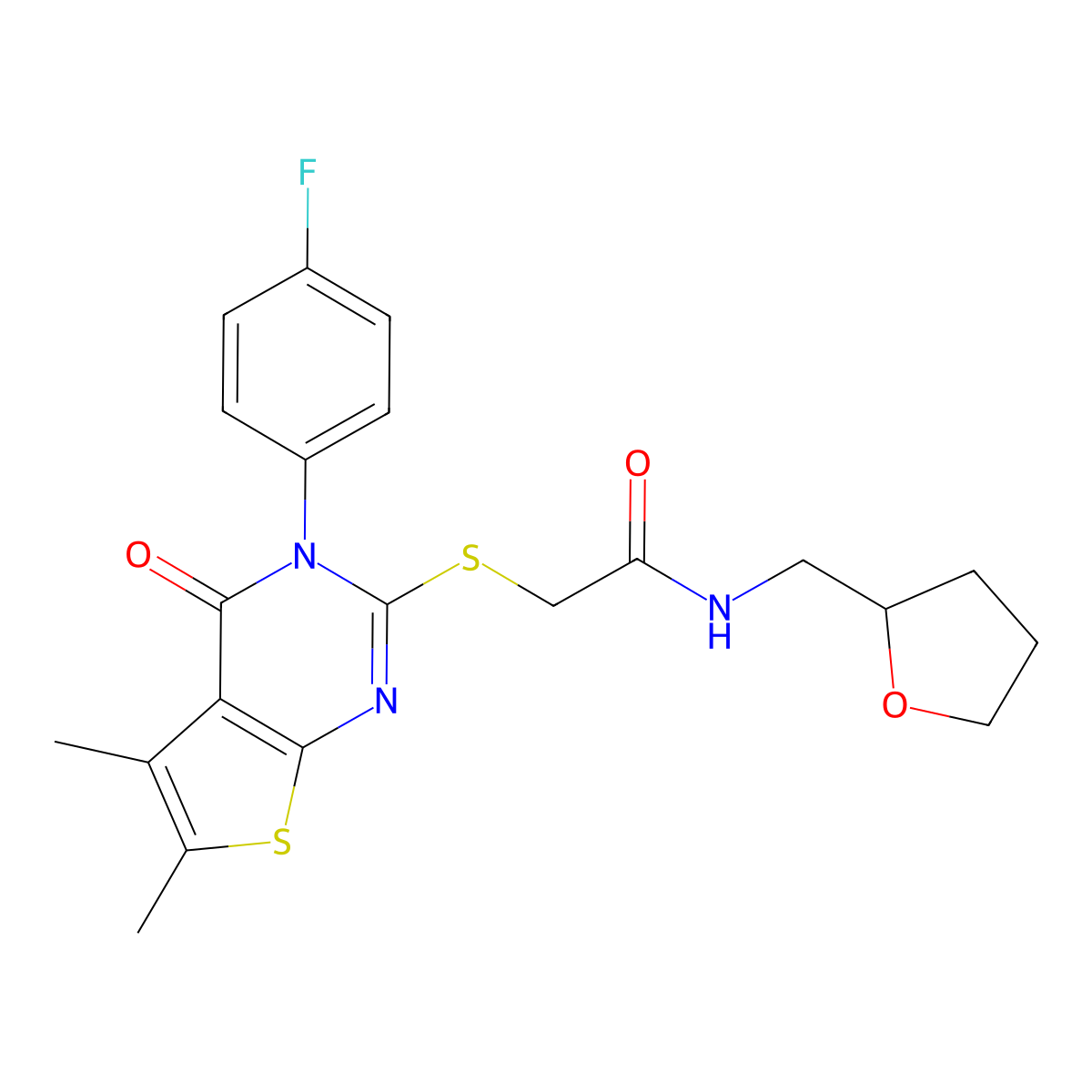 2-[3-(4-fluorophenyl)-5,6-dimethyl-4-oxothieno[2,3-d]pyrimidin-2-yl]sulfanyl-N-(oxolan-2-ylmethyl)acetamide molecular structure, CAS 701246-37-9