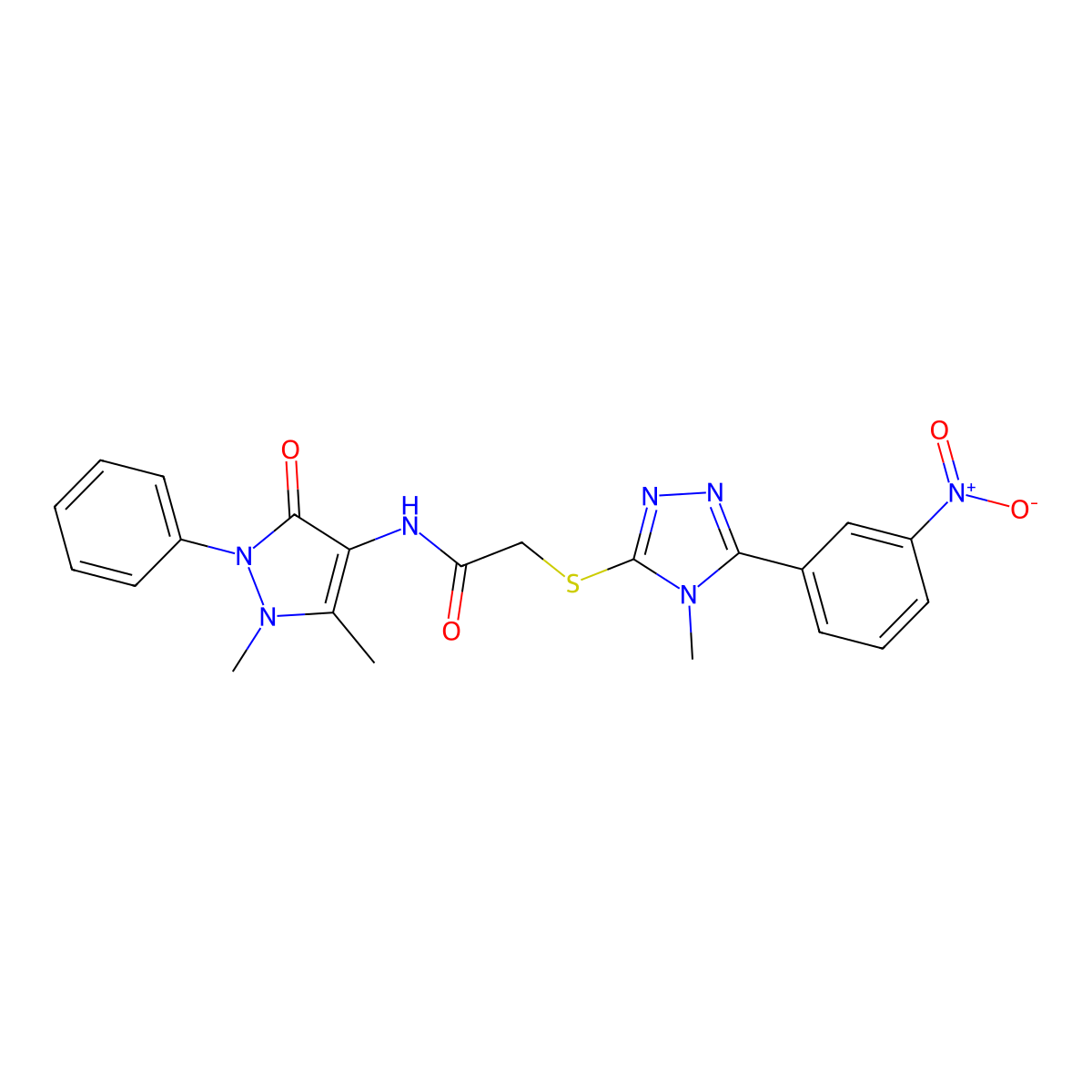N-(1,5-dimethyl-3-oxo-2-phenylpyrazol-4-yl)-2-[[4-methyl-5-(3-nitrophenyl)-1,2,4-triazol-3-yl]sulfanyl]acetamide molecular structure, CAS 701247-14-5