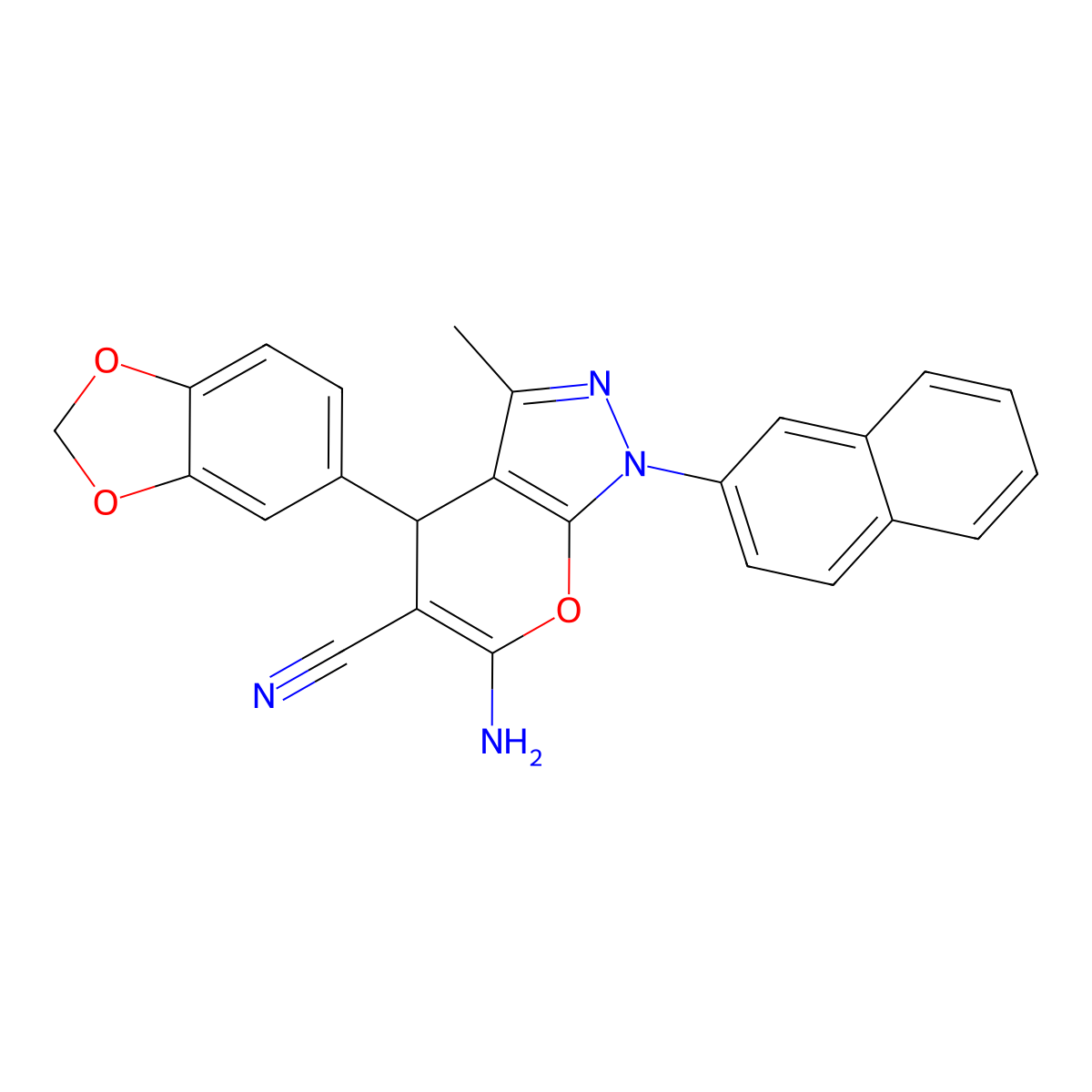 6-amino-4-(1,3-benzodioxol-5-yl)-3-methyl-1-naphthalen-2-yl-4H-pyrano[2,3-c]pyrazole-5-carbonitrile molecular structure, CAS 701251-07-2