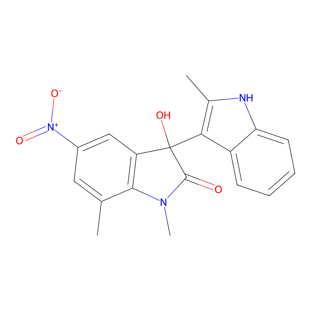 3-hydroxy-1,7-dimethyl-3-(2-methyl-1H-indol-3-yl)-5-nitroindol-2-one molecular structure, CAS 701257-16-1