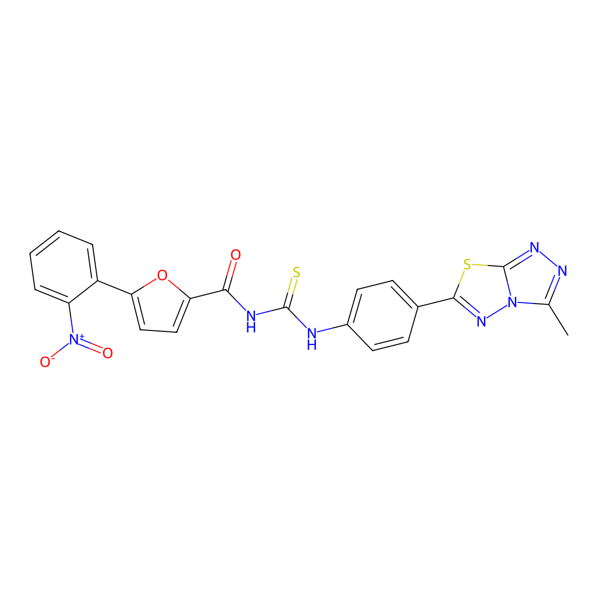 N-{[4-(3-methyl[1,2,4]triazolo[3,4-b][1,3,4]thiadiazol-6-yl)phenyl]carbamothioyl}-5-(2-nitrophenyl)furan-2-carboxamide molecular structure, CAS 701258-64-2