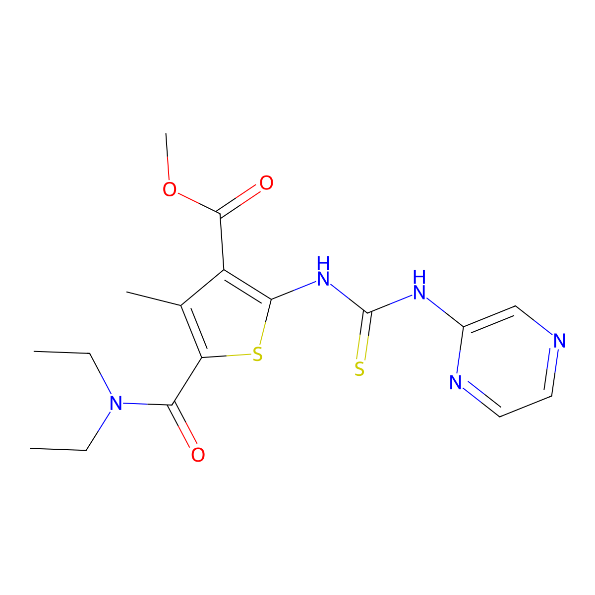 Methyl 5-(diethylcarbamoyl)-4-methyl-2-[(pyrazin-2-ylcarbamothioyl)amino]thiophene-3-carboxylate molecular structure, CAS 701273-86-1