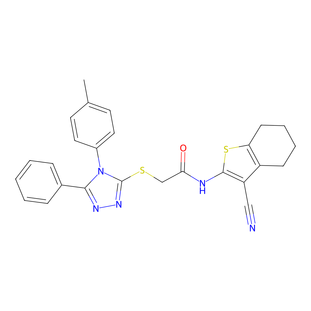 N-(3-cyano-4,5,6,7-tetrahydro-1-benzothiophen-2-yl)-2-[[4-(4-methylphenyl)-5-phenyl-1,2,4-triazol-3-yl]sulfanyl]acetamide molecular structure, CAS 701273-89-4