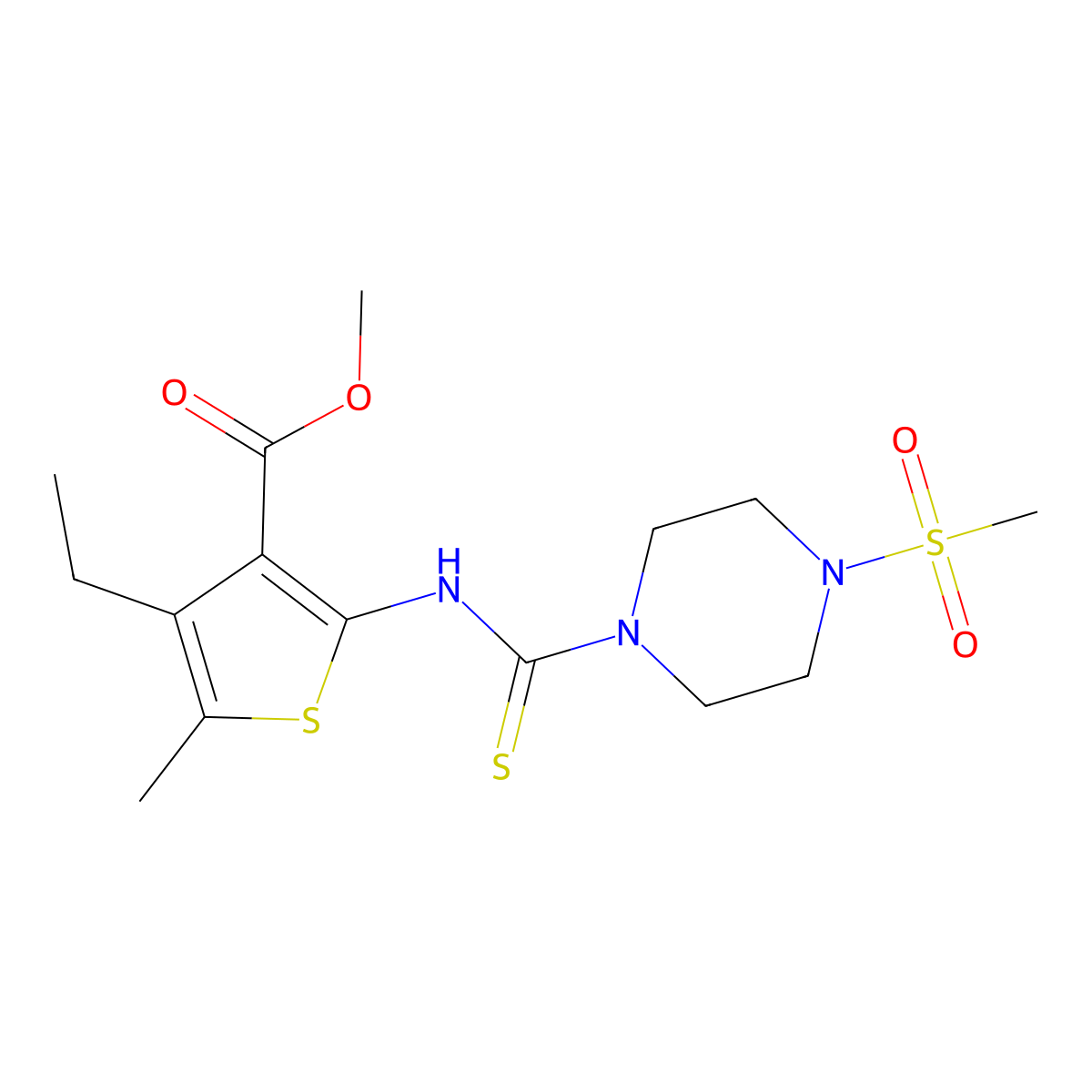 Methyl 4-ethyl-5-methyl-2-({[4-(methylsulfonyl)-1-piperazinyl]carbonothioyl}amino)-3-thiophenecarboxylate molecular structure, CAS 701274-47-7