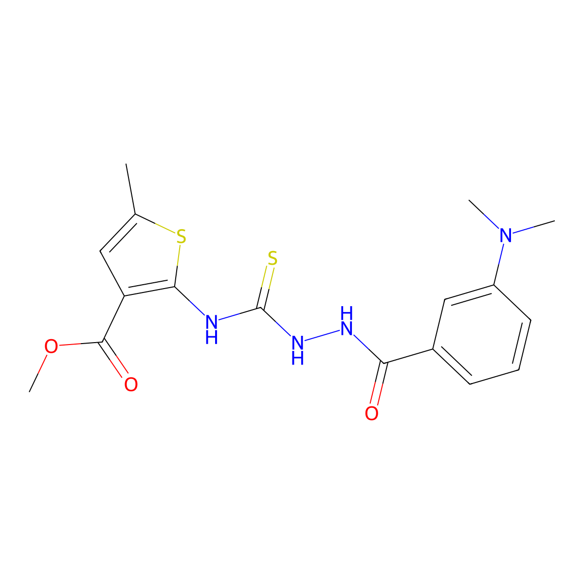 Methyl 2-{[({[3-(dimethylamino)phenyl]carbonylamino}amino)thioxomethyl]amino}-5-methylthiophene-3-carboxylate molecular structure, CAS 701274-74-0