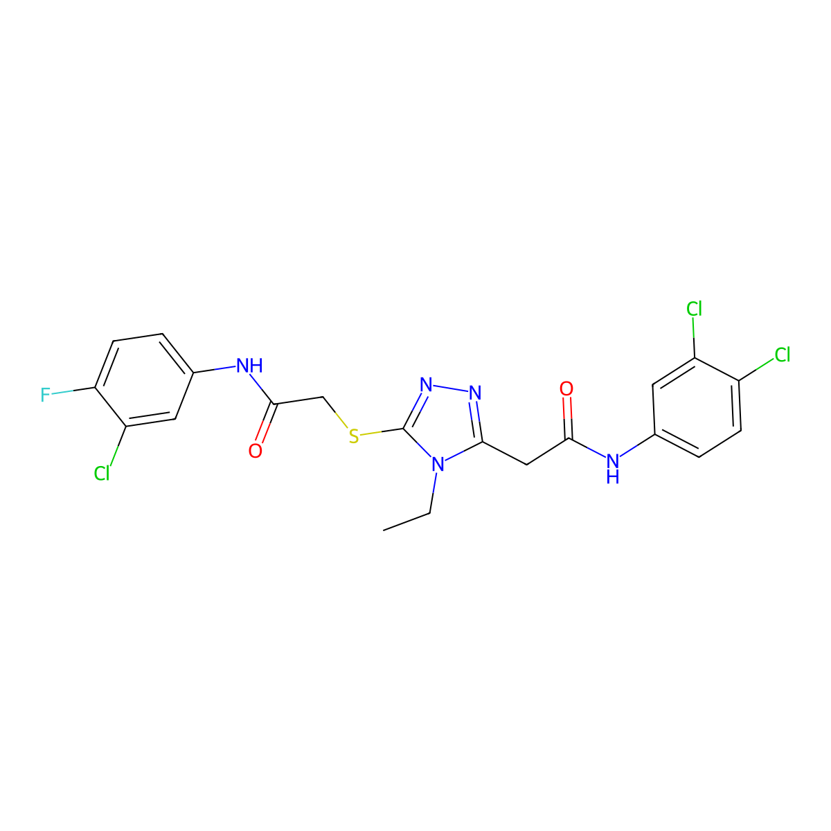 2-[5-[2-(3-chloro-4-fluoroanilino)-2-oxoethyl]sulfanyl-4-ethyl-1,2,4-triazol-3-yl]-N-(3,4-dichlorophenyl)acetamide molecular structure, CAS 701274-86-4