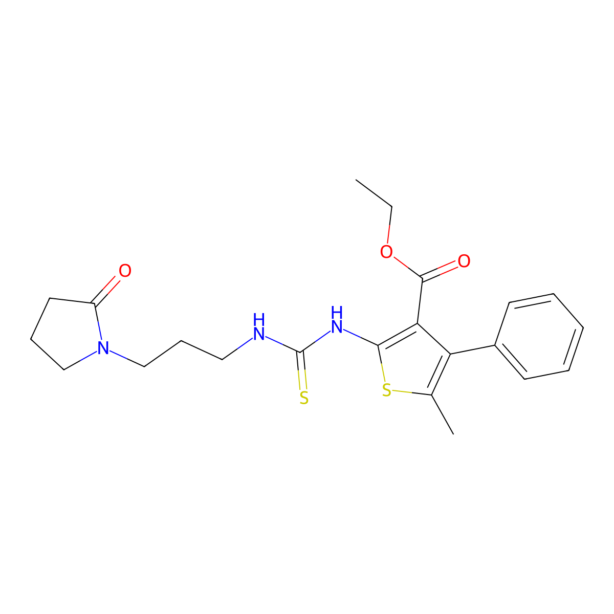 Ethyl 5-methyl-2-({[3-(2-oxopyrrolidin-1-yl)propyl]carbamothioyl}amino)-4-phenylthiophene-3-carboxylate molecular structure, CAS 701275-30-1