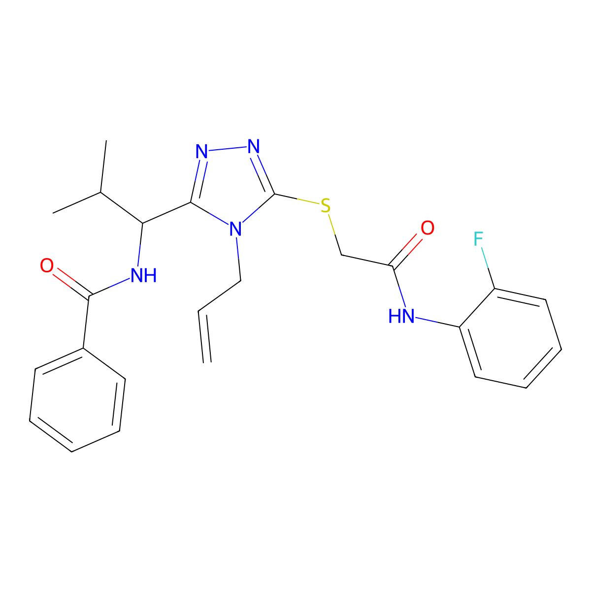 N-[1-[5-[2-(2-fluoroanilino)-2-oxoethyl]sulfanyl-4-prop-2-enyl-1,2,4-triazol-3-yl]-2-methylpropyl]benzamide molecular structure, CAS 701280-20-8