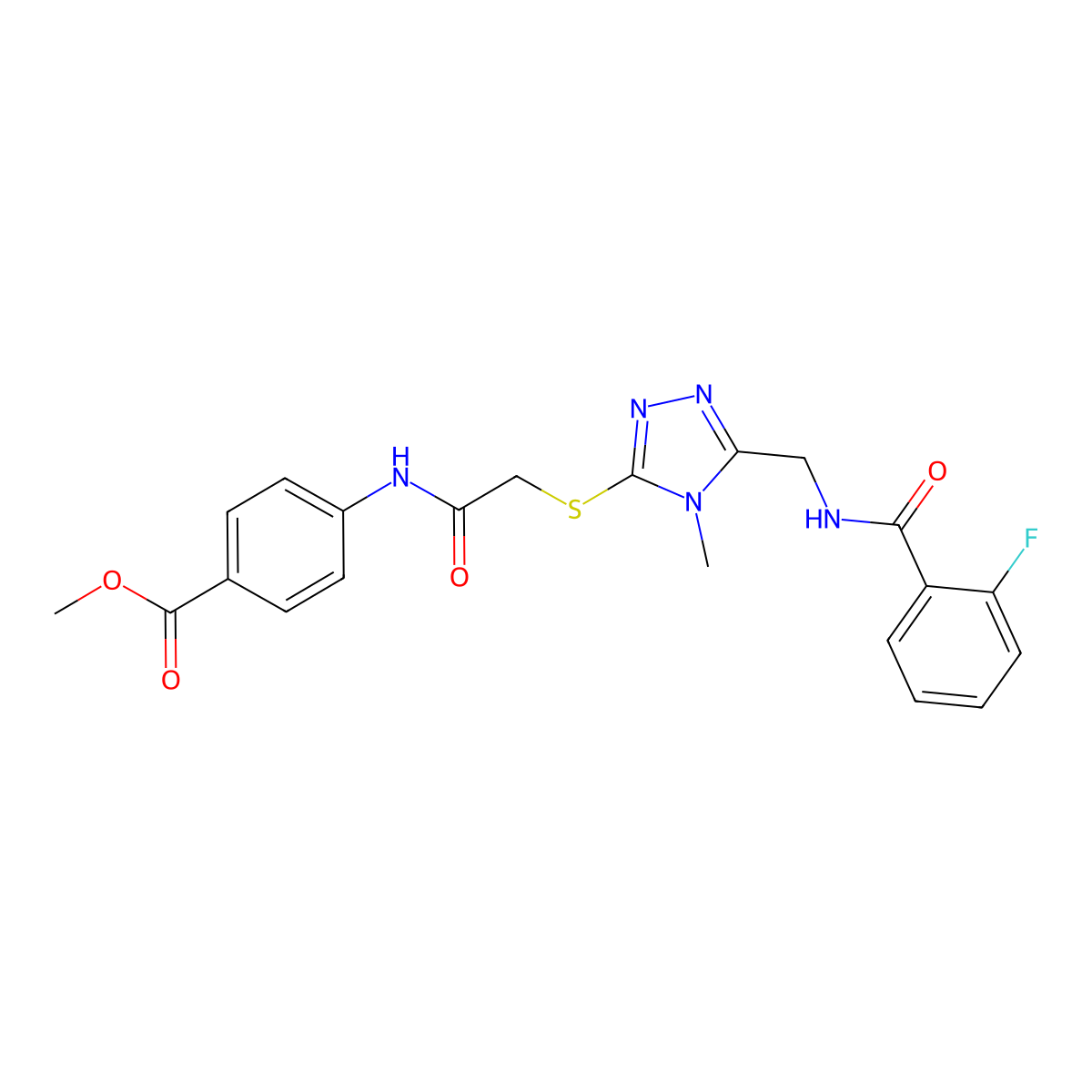 methyl 4-[({[5-({[(2-fluorophenyl)carbonyl]amino}methyl)-4-methyl-4H-1,2,4-triazol-3-yl]sulfanyl}acetyl)amino]benzoate molecular structure, CAS 701280-42-4