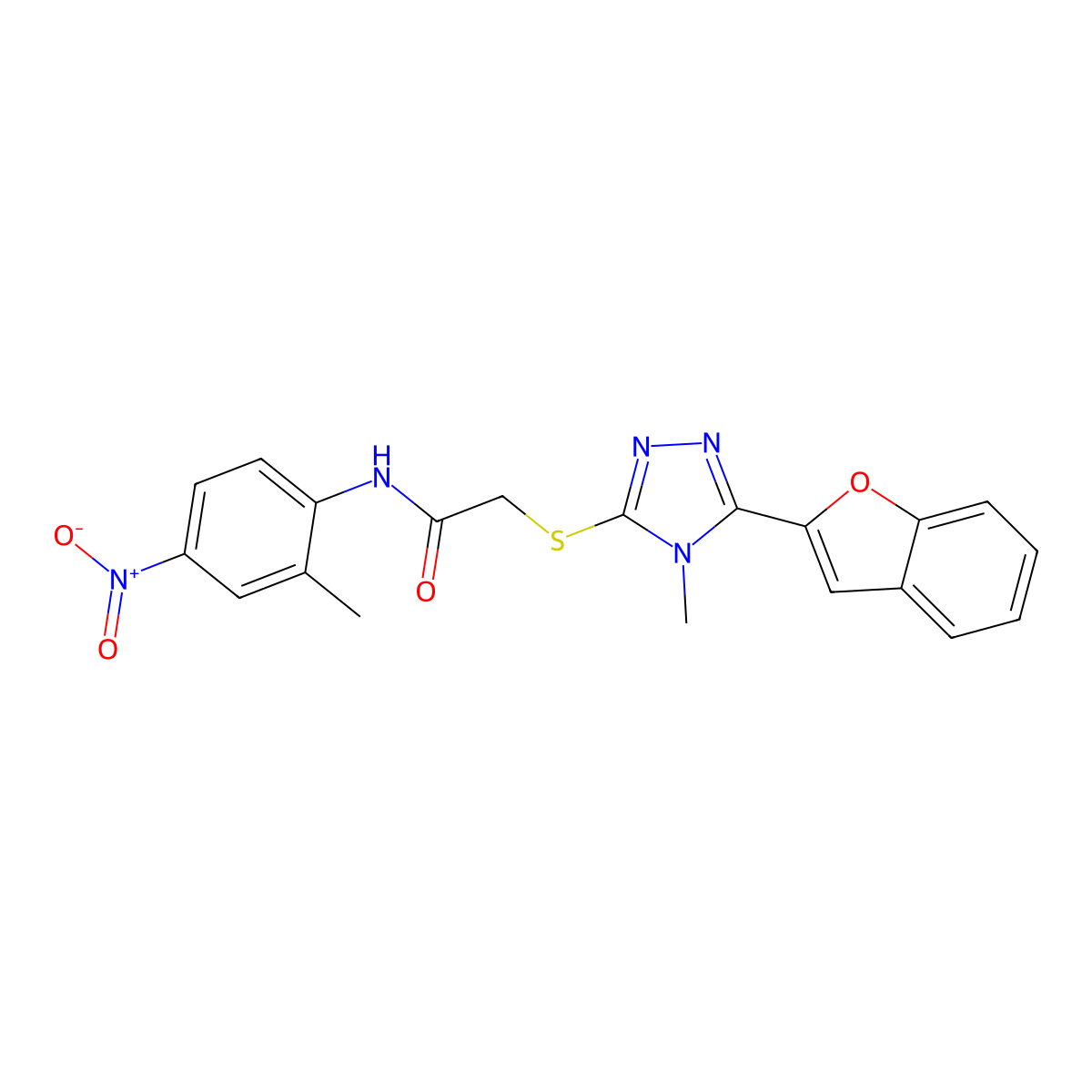 2-[[5-(1-benzofuran-2-yl)-4-methyl-1,2,4-triazol-3-yl]sulfanyl]-N-(2-methyl-4-nitrophenyl)acetamide molecular structure, CAS 701280-88-8