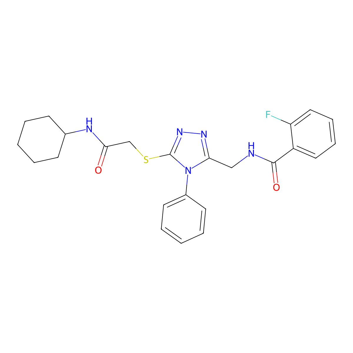 N-[[5-[2-(cyclohexylamino)-2-oxoethyl]sulfanyl-4-phenyl-1,2,4-triazol-3-yl]methyl]-2-fluorobenzamide molecular structure, CAS 701280-90-2