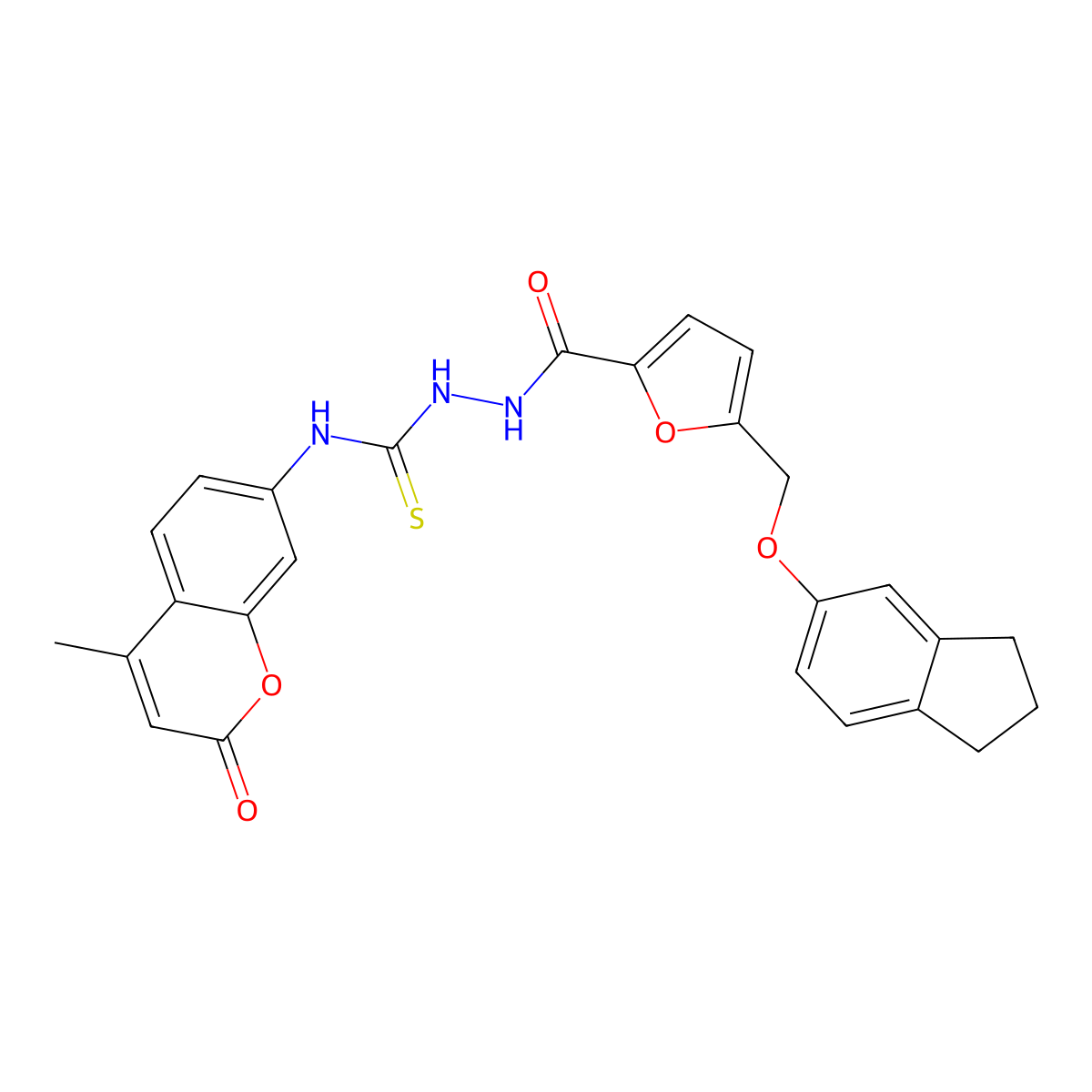 1-[[5-(2,3-dihydro-1H-inden-5-yloxymethyl)furan-2-carbonyl]amino]-3-(4-methyl-2-oxochromen-7-yl)thiourea molecular structure, CAS 701281-25-6
