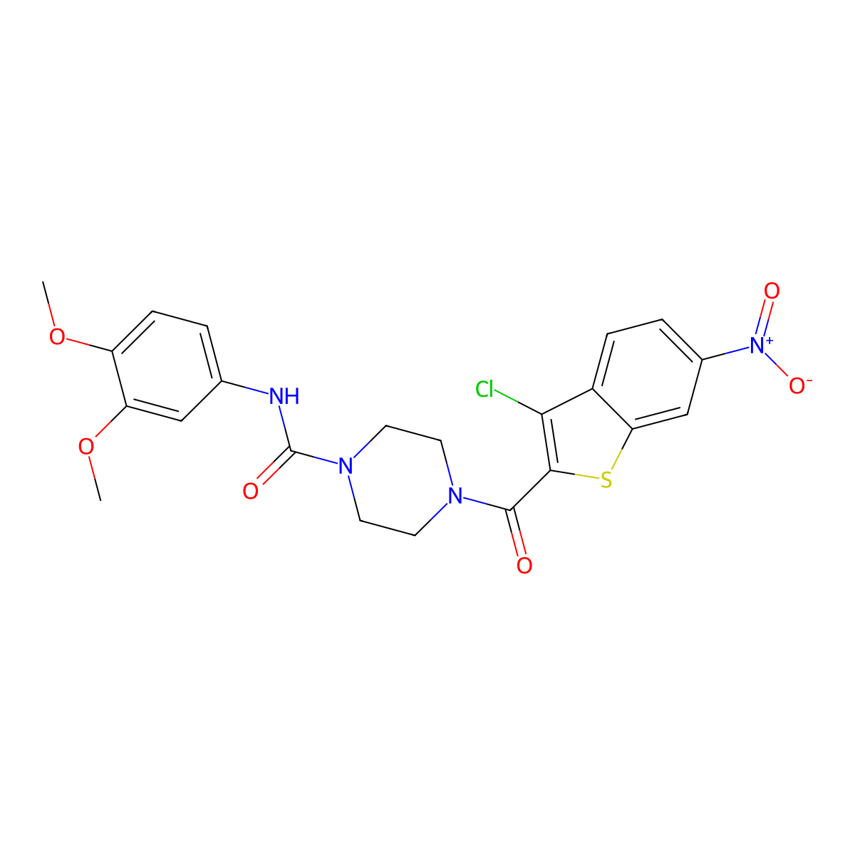 4-(3-chloro-6-nitro-1-benzothiophene-2-carbonyl)-N-(3,4-dimethoxyphenyl)piperazine-1-carboxamide molecular structure, CAS 701281-54-1