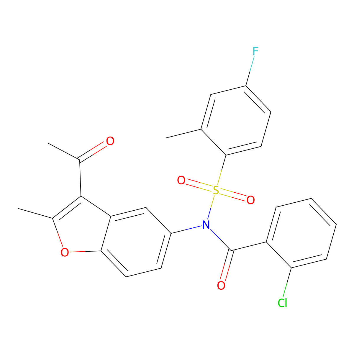 N-(3-acetyl-2-methyl-1-benzofuran-5-yl)-2-chloro-N-(4-fluoro-2-methylphenyl)sulfonylbenzamide molecular structure, CAS 701281-57-4