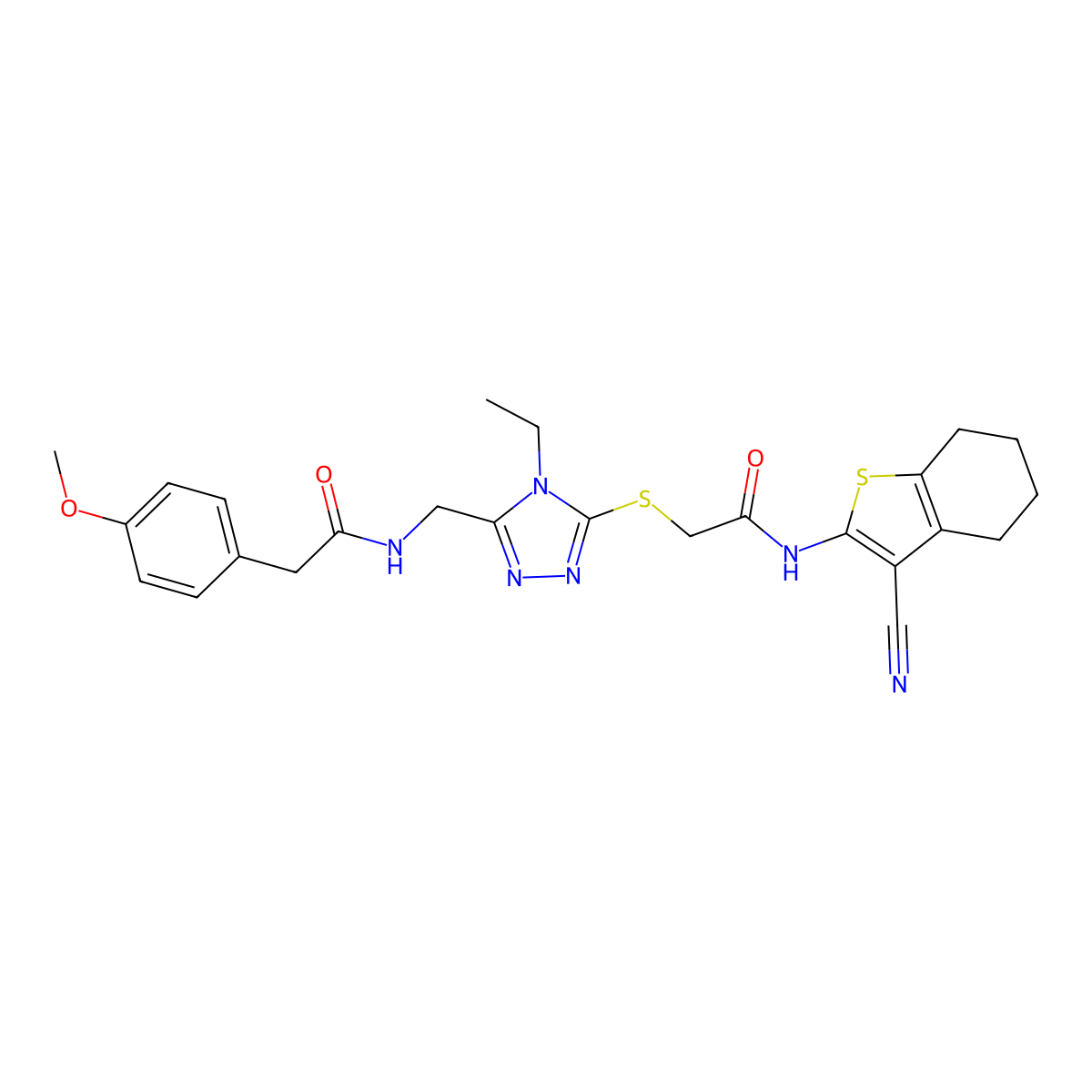 N-(3-cyano-4,5,6,7-tetrahydro-1-benzothiophen-2-yl)-2-{[4-ethyl-5-({[(4-methoxyphenyl)acetyl]amino}methyl)-4H-1,2,4-triazol-3-yl]sulfanyl}acetamide molecular structure, CAS 701282-87-3