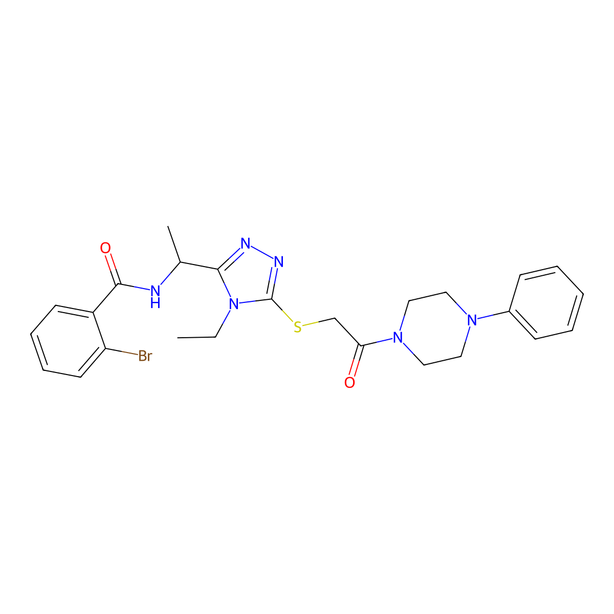 2-bromo-N-[1-(4-ethyl-5-{[2-oxo-2-(4-phenylpiperazin-1-yl)ethyl]sulfanyl}-4H-1,2,4-triazol-3-yl)ethyl]benzamide molecular structure, CAS 701282-99-7