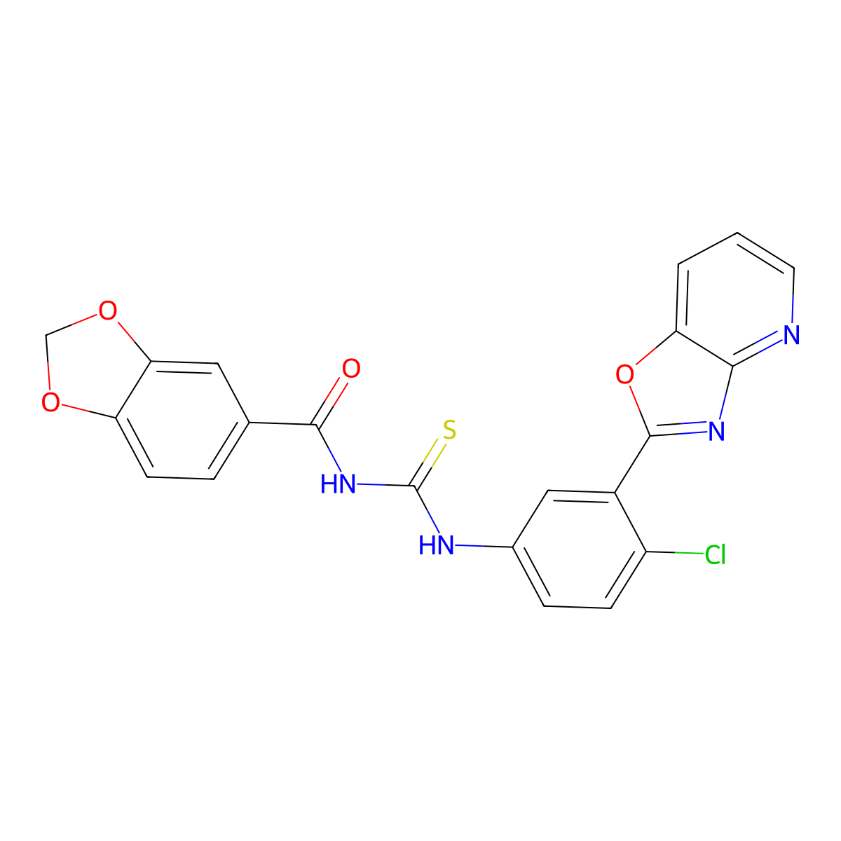 N-[[4-chloro-3-([1,3]oxazolo[4,5-b]pyridin-2-yl)phenyl]carbamothioyl]-1,3-benzodioxole-5-carboxamide molecular structure, CAS 701283-21-8