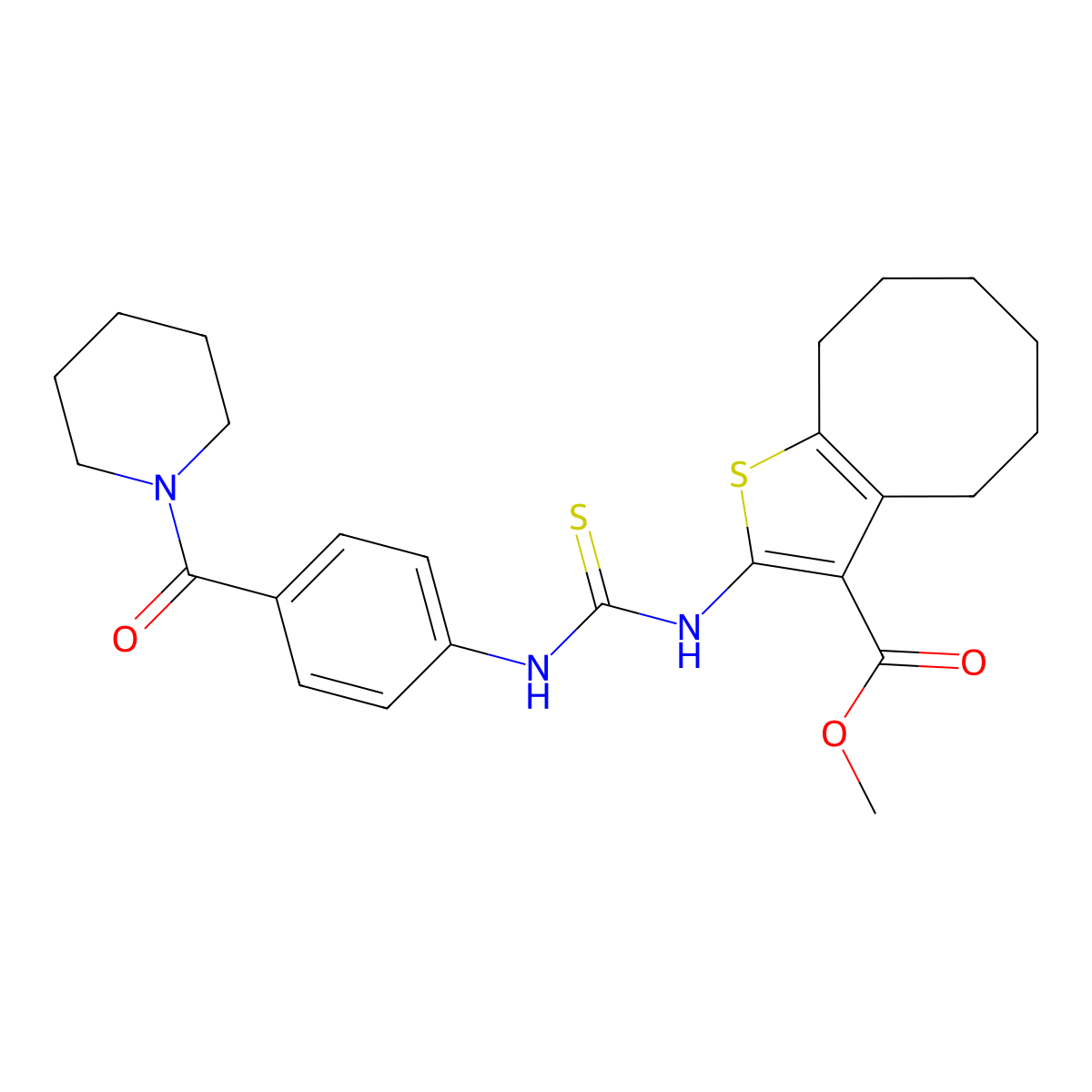 Methyl 2-({[4-(piperidin-1-ylcarbonyl)phenyl]carbamothioyl}amino)-4,5,6,7,8,9-hexahydrocycloocta[b]thiophene-3-carboxylate molecular structure, CAS 701286-06-8