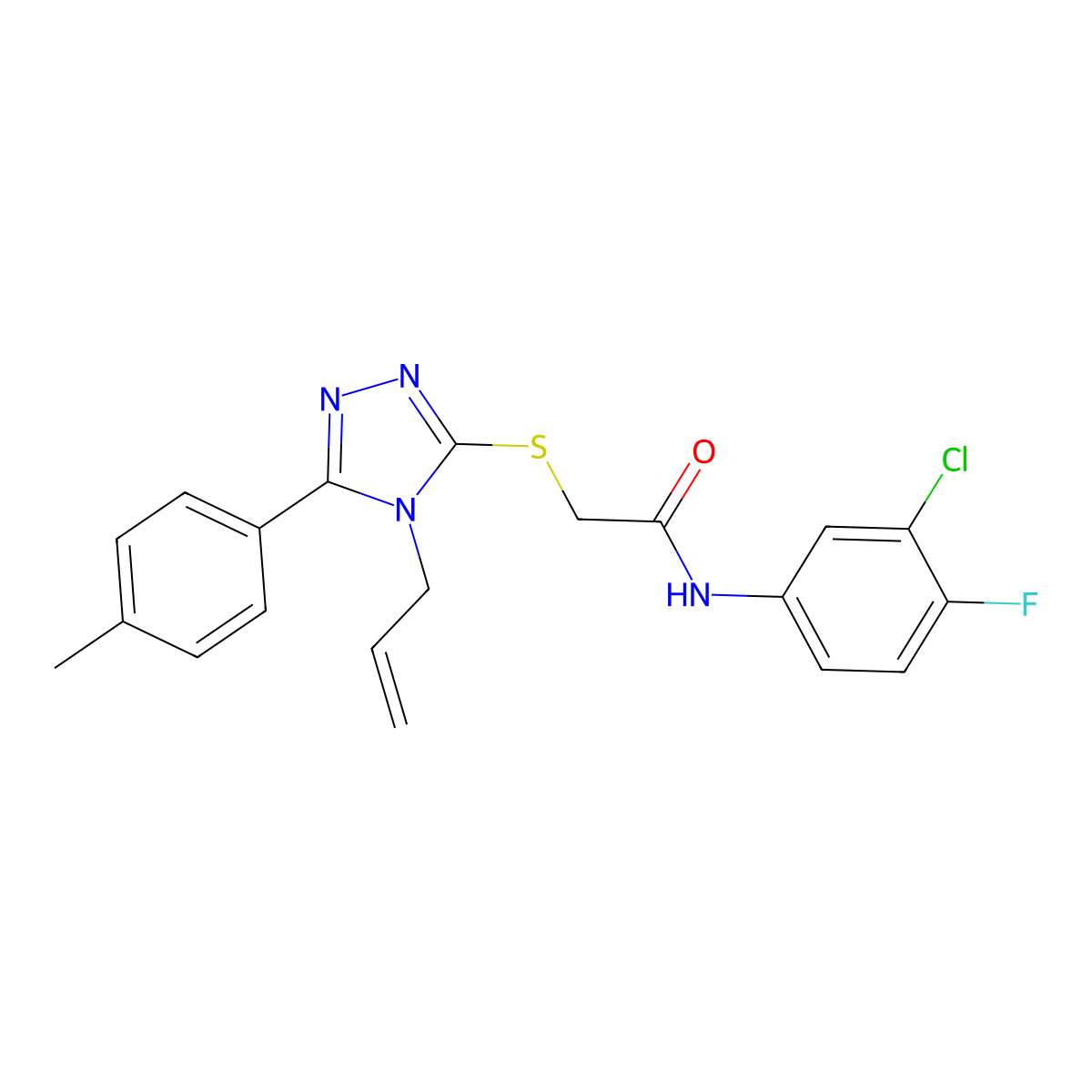 N-(3-chloro-4-fluorophenyl)-2-[[5-(4-methylphenyl)-4-prop-2-enyl-1,2,4-triazol-3-yl]sulfanyl]acetamide molecular structure, CAS 701286-55-7