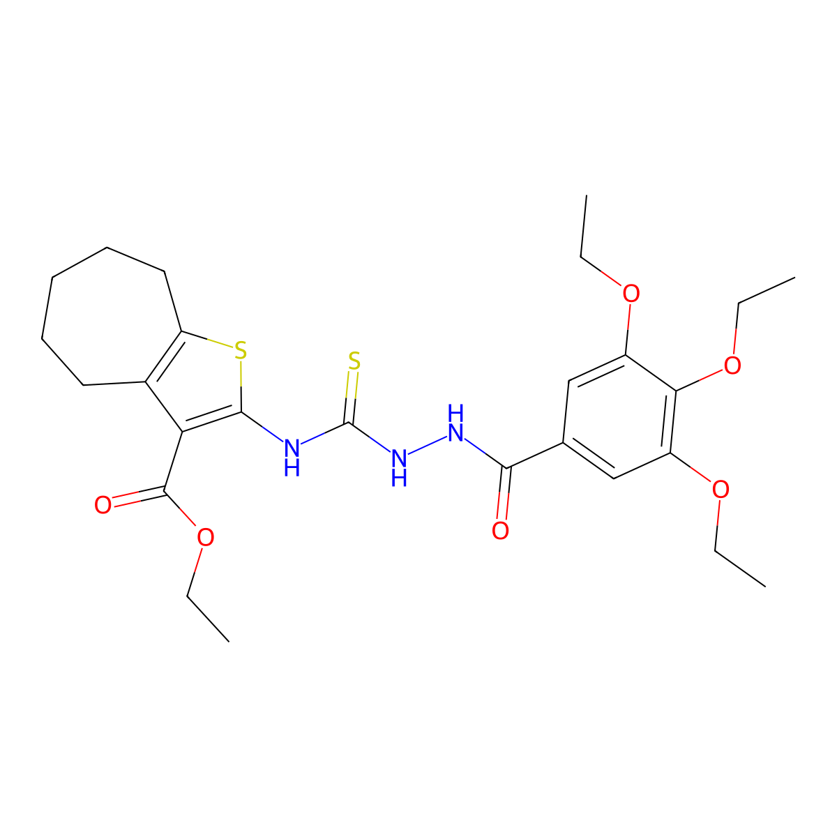 ethyl 2-[({2-[(3,4,5-triethoxyphenyl)carbonyl]hydrazinyl}carbonothioyl)amino]-5,6,7,8-tetrahydro-4H-cyclohepta[b]thiophene-3-carboxylate molecular structure, CAS 701286-82-0