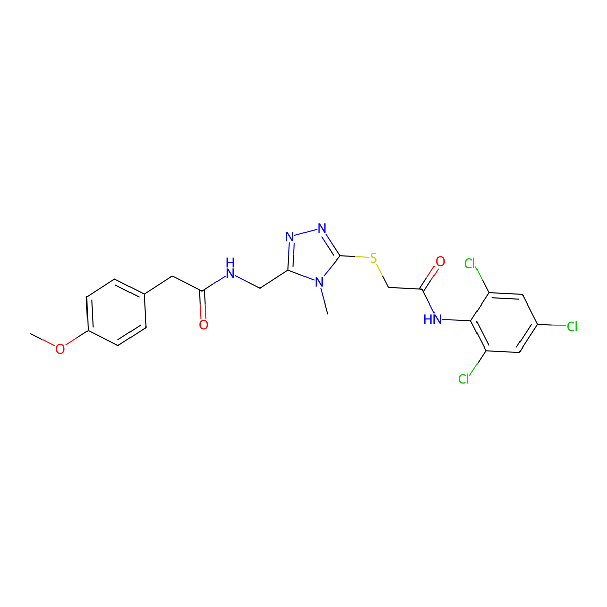 2-(4-methoxyphenyl)-N-[[4-methyl-5-[2-oxo-2-(2,4,6-trichloroanilino)ethyl]sulfanyl-1,2,4-triazol-3-yl]methyl]acetamide molecular structure, CAS 701287-21-0